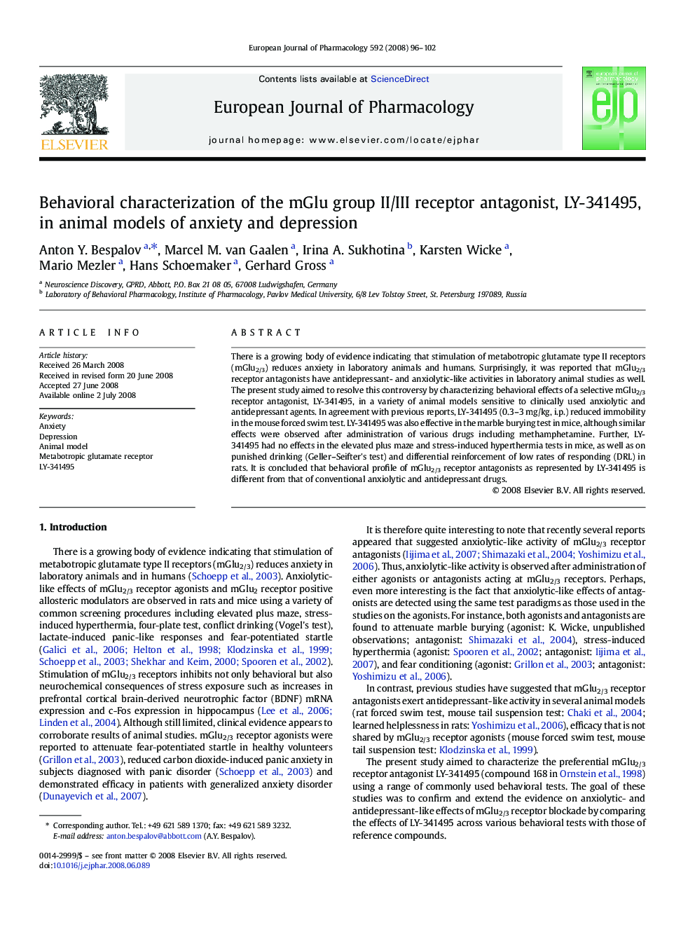 Behavioral characterization of the mGlu group II/III receptor antagonist, LY-341495, in animal models of anxiety and depression