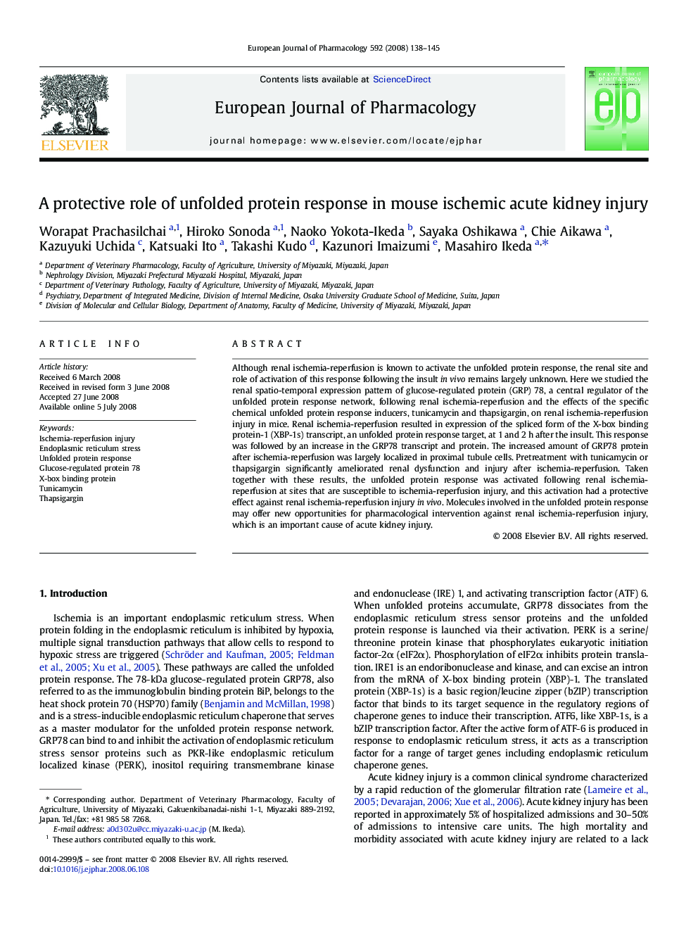 A protective role of unfolded protein response in mouse ischemic acute kidney injury