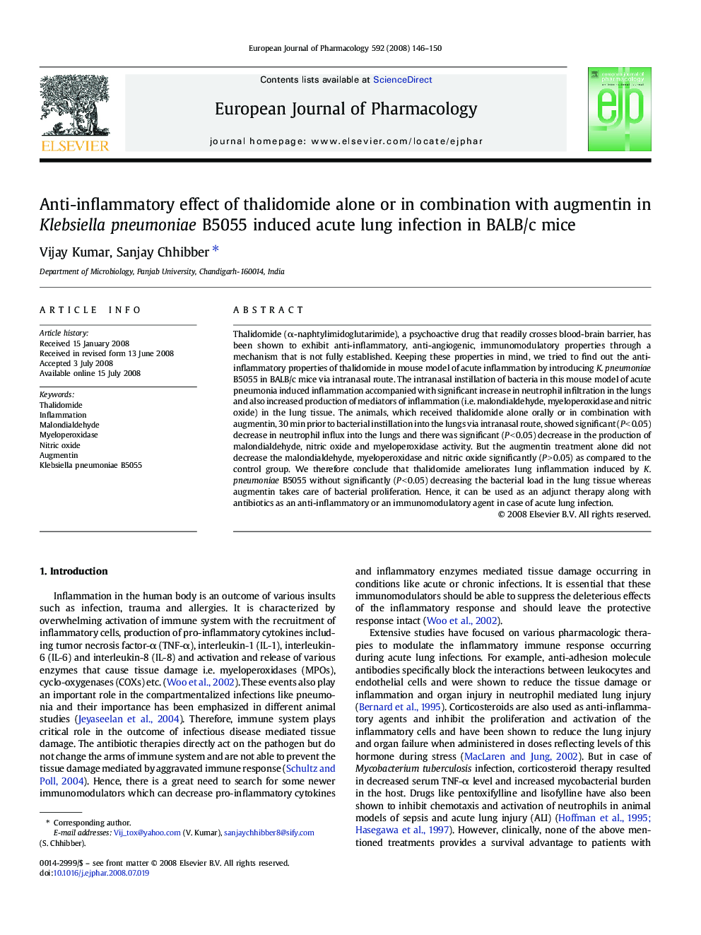 عکس صفحه اول مقاله: Anti-inflammatory effect of thalidomide alone or in combination with augmentin in Klebsiella pneumoniae B5055 induced acute lung infection in BALB/c mice Anti-inflammatory effect of thalidomide alone or in combination with augmentin in Klebsiella pneumoniae B5055 induced acute lung infection in BALB/c mice