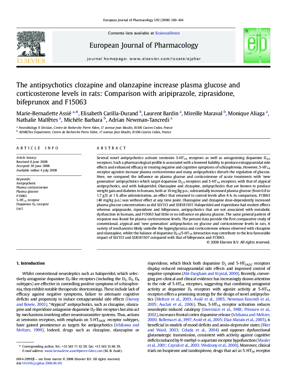 The antipsychotics clozapine and olanzapine increase plasma glucose and corticosterone levels in rats: Comparison with aripiprazole, ziprasidone, bifeprunox and F15063