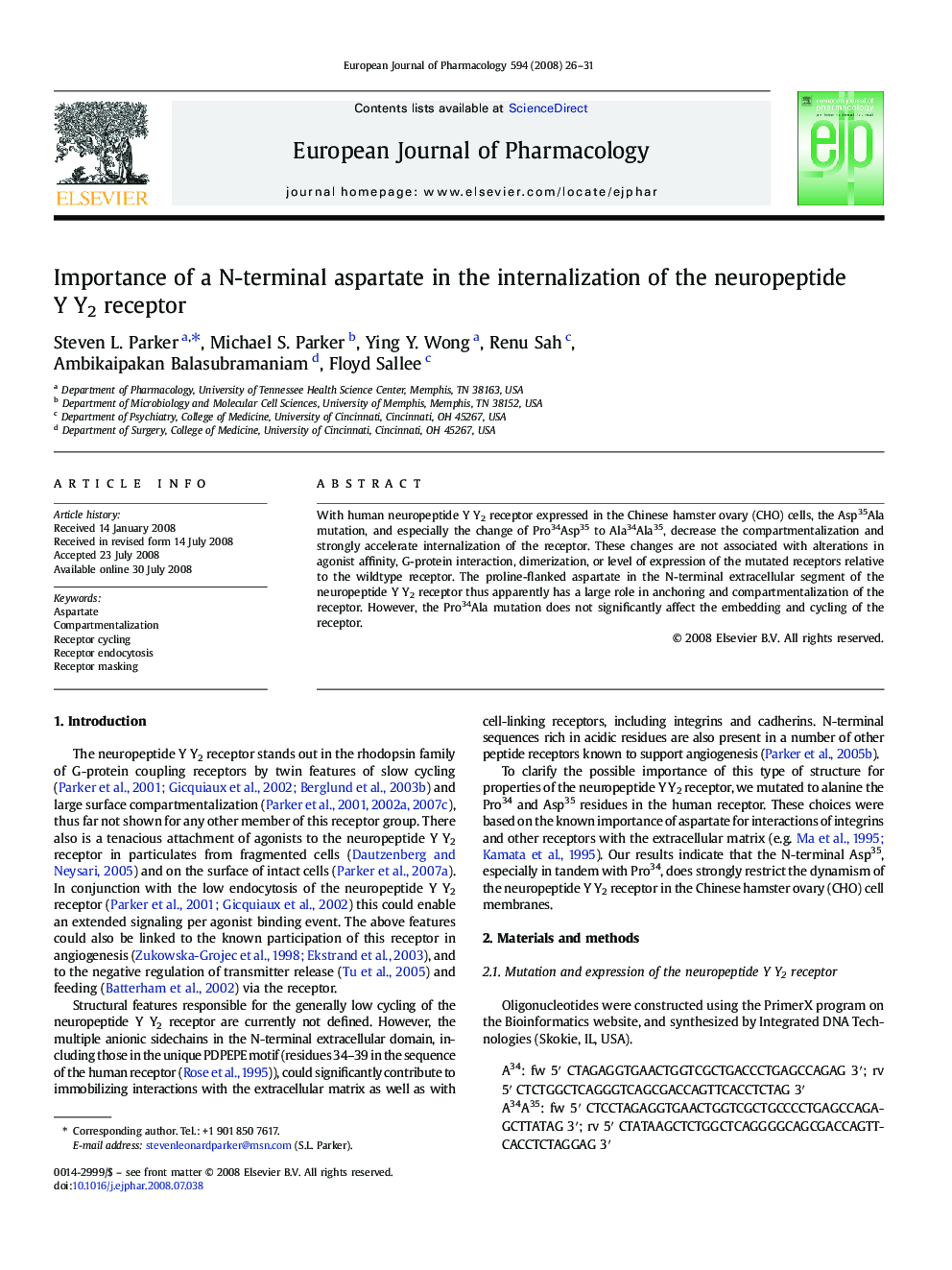 Importance of a N-terminal aspartate in the internalization of the neuropeptide Y Y2 receptor