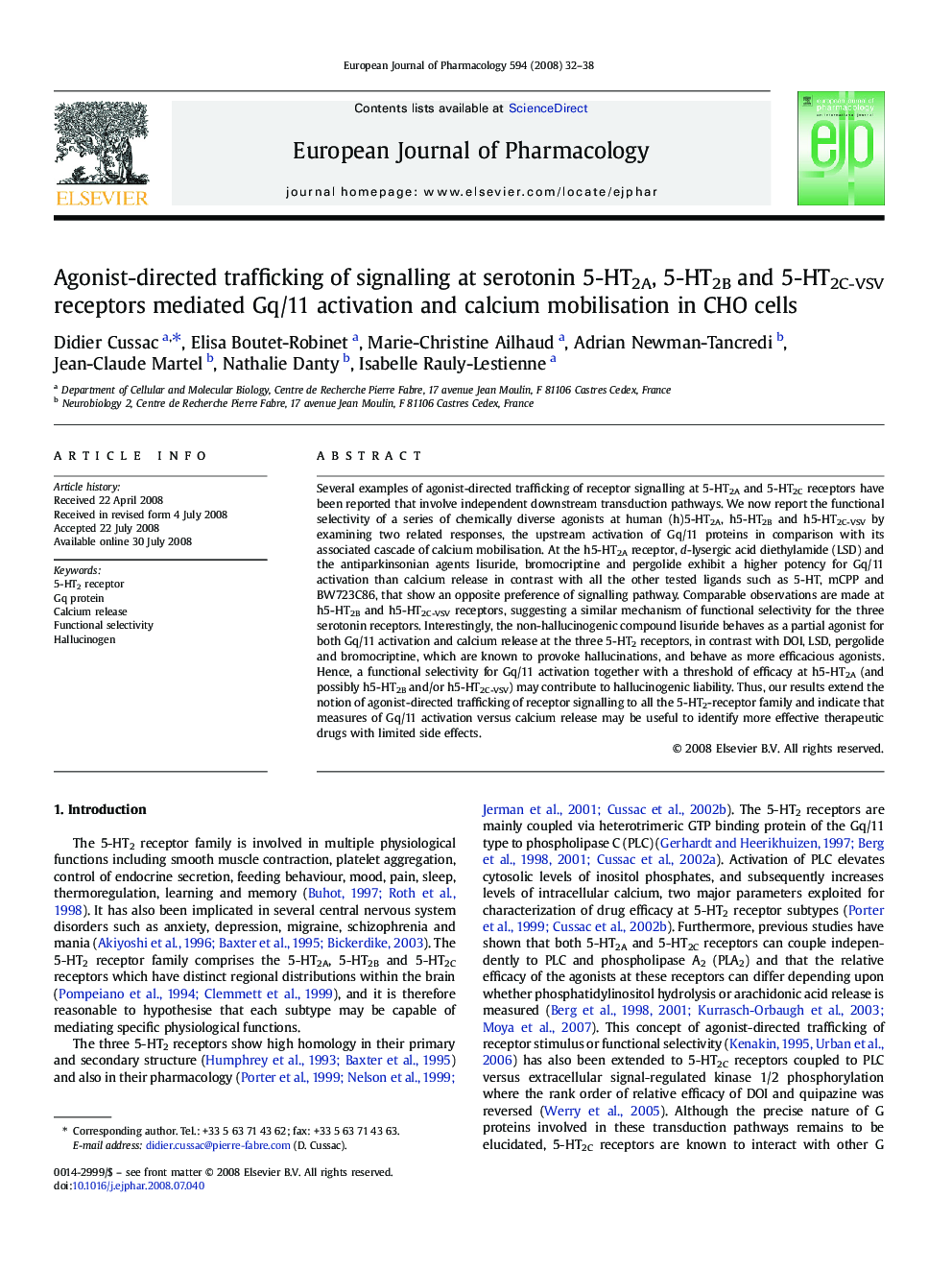 Agonist-directed trafficking of signalling at serotonin 5-HT2A, 5-HT2B and 5-HT2C-VSV receptors mediated Gq/11 activation and calcium mobilisation in CHO cells