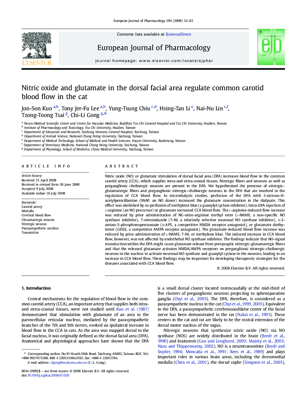 Nitric oxide and glutamate in the dorsal facial area regulate common carotid blood flow in the cat