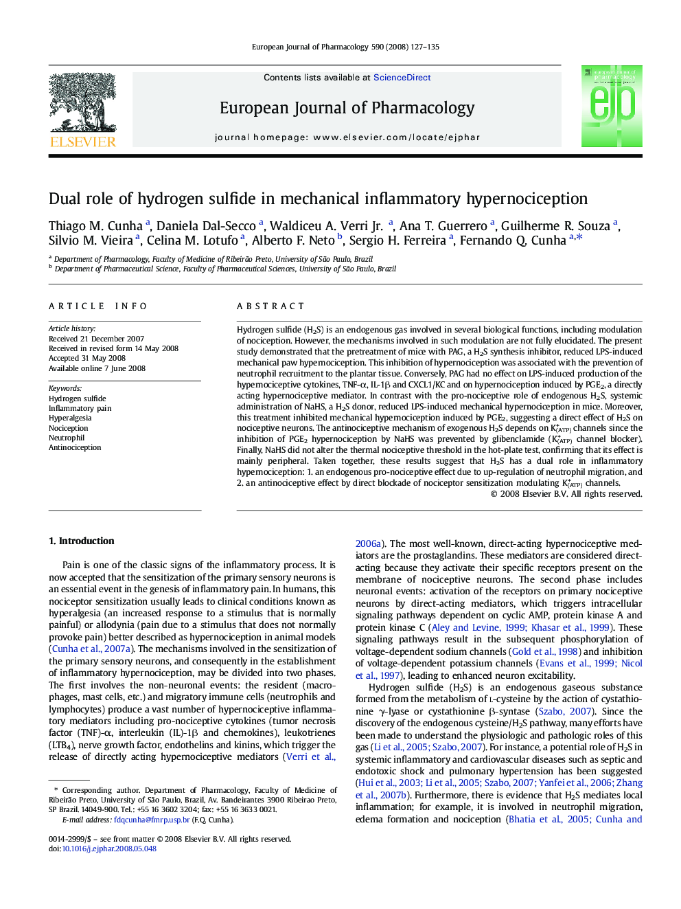 Dual role of hydrogen sulfide in mechanical inflammatory hypernociception