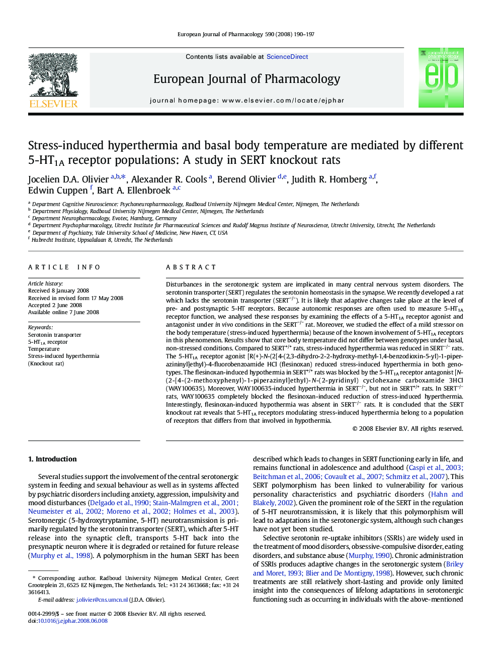 Stress-induced hyperthermia and basal body temperature are mediated by different 5-HT1A receptor populations: A study in SERT knockout rats