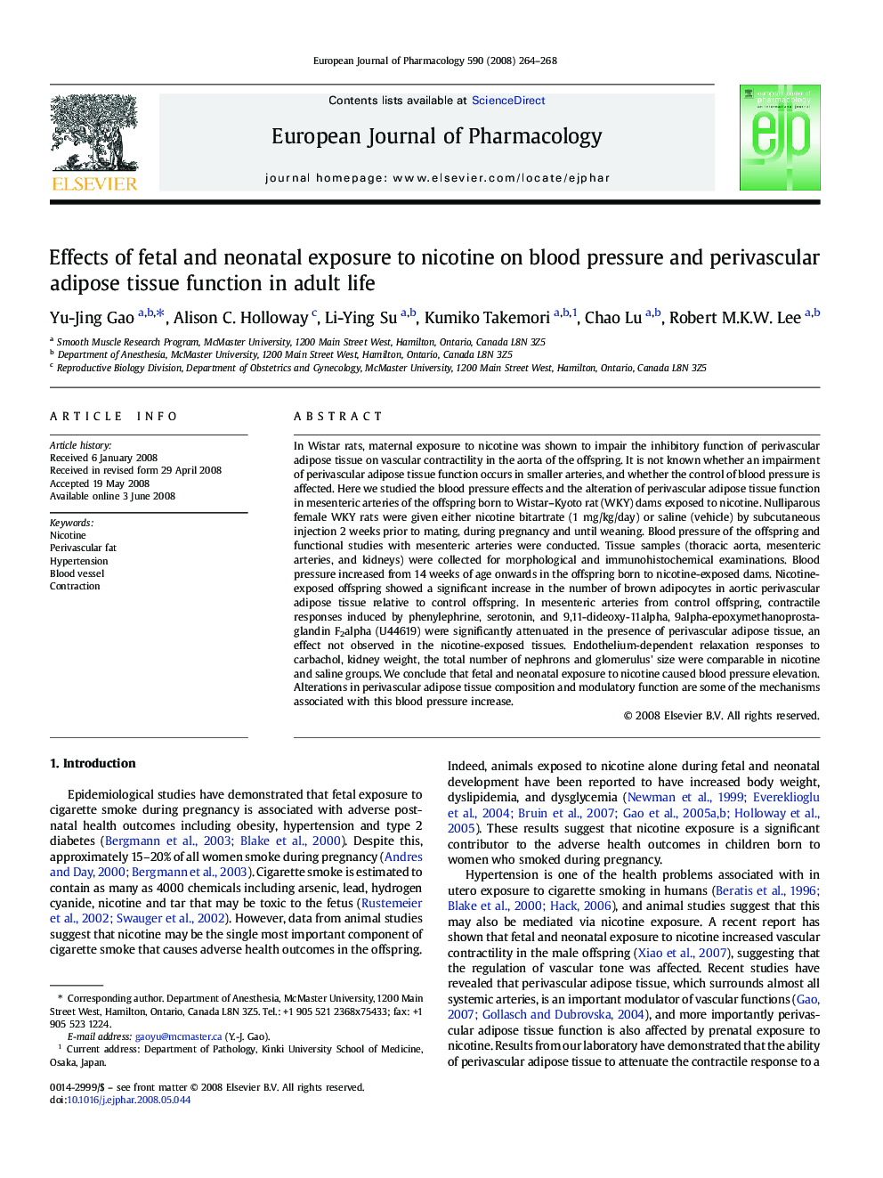 Effects of fetal and neonatal exposure to nicotine on blood pressure and perivascular adipose tissue function in adult life