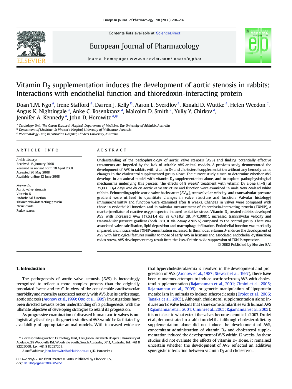 Vitamin D2 supplementation induces the development of aortic stenosis in rabbits: Interactions with endothelial function and thioredoxin-interacting protein