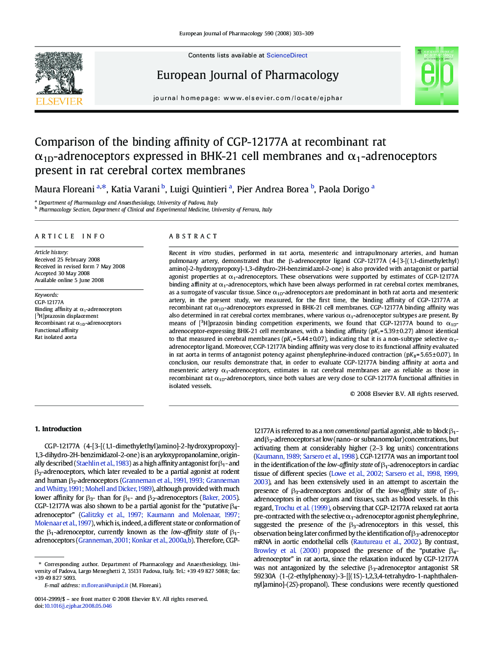 Comparison of the binding affinity of CGP-12177A at recombinant rat α1D-adrenoceptors expressed in BHK-21 cell membranes and α1-adrenoceptors present in rat cerebral cortex membranes