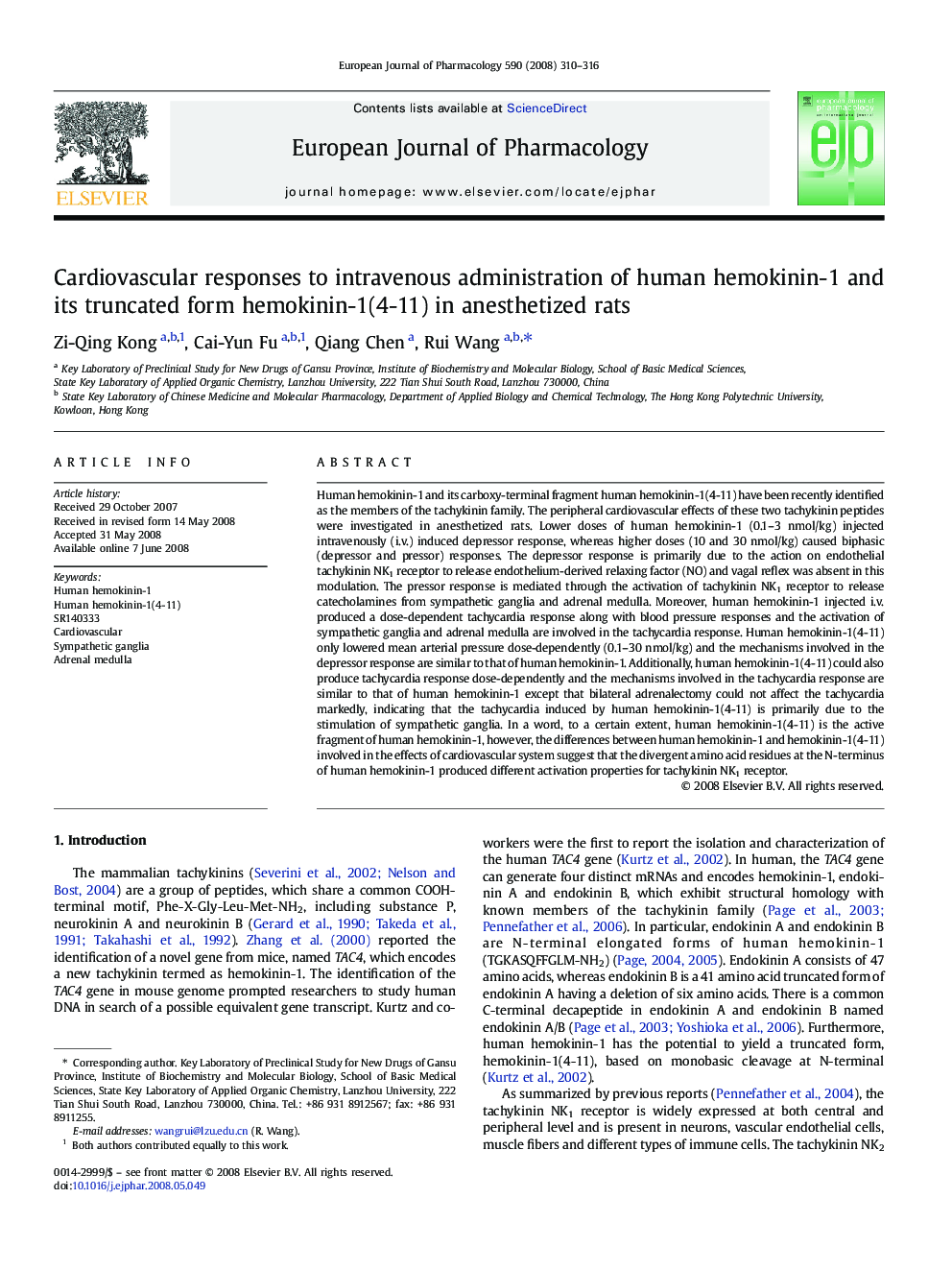 Cardiovascular responses to intravenous administration of human hemokinin-1 and its truncated form hemokinin-1(4-11) in anesthetized rats