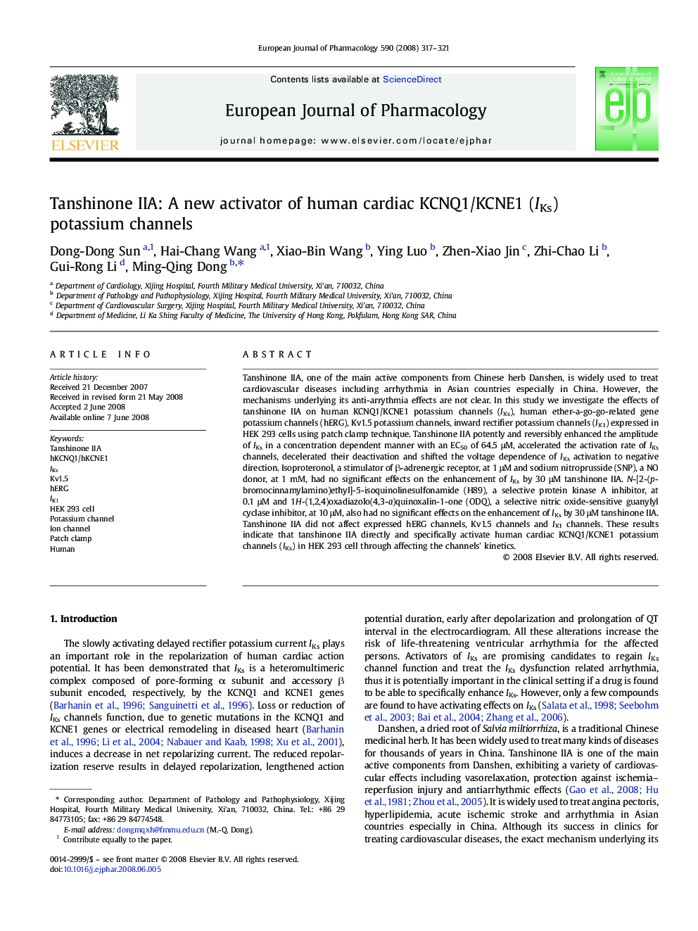 Tanshinone IIA: A new activator of human cardiac KCNQ1/KCNE1 (IKs) potassium channels