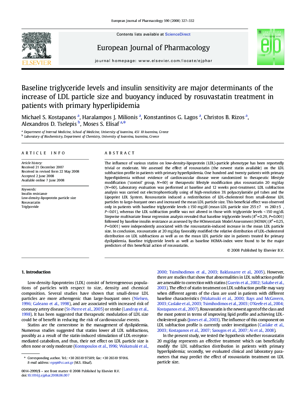 Baseline triglyceride levels and insulin sensitivity are major determinants of the increase of LDL particle size and buoyancy induced by rosuvastatin treatment in patients with primary hyperlipidemia