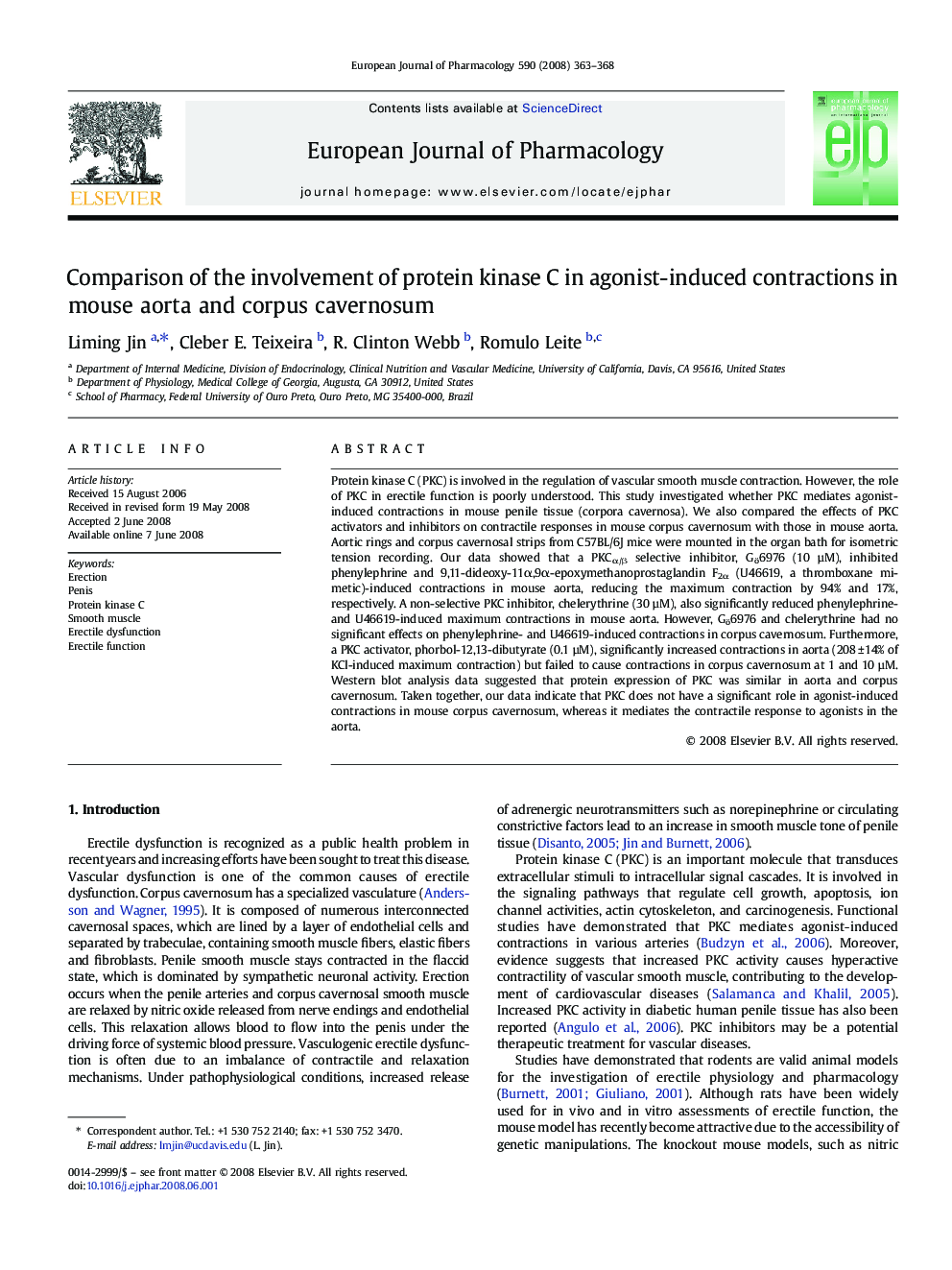 Comparison of the involvement of protein kinase C in agonist-induced contractions in mouse aorta and corpus cavernosum