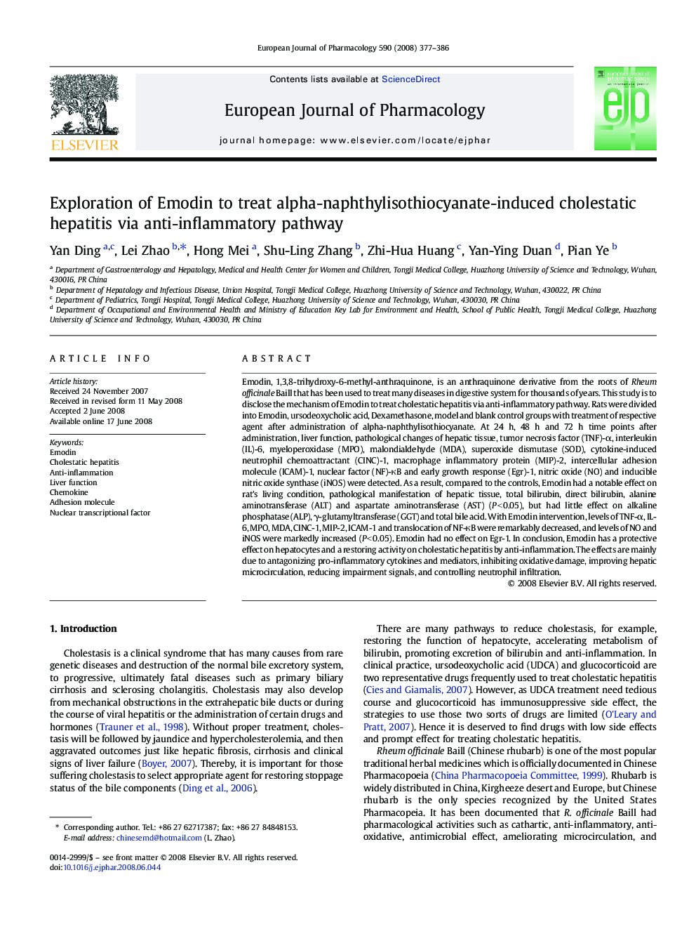 Exploration of Emodin to treat alpha-naphthylisothiocyanate-induced cholestatic hepatitis via anti-inflammatory pathway