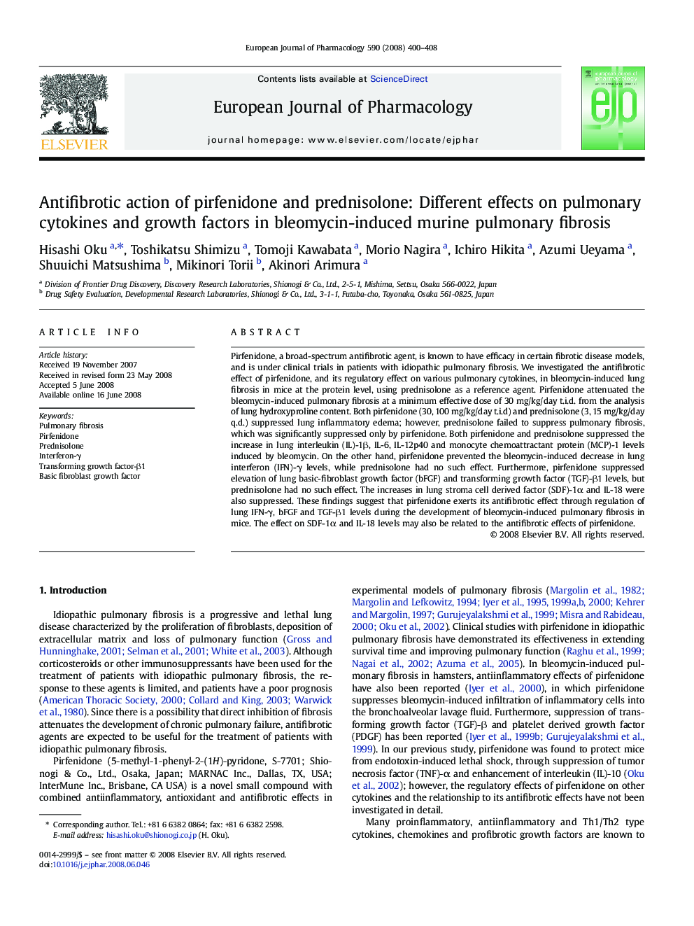 Antifibrotic action of pirfenidone and prednisolone: Different effects on pulmonary cytokines and growth factors in bleomycin-induced murine pulmonary fibrosis