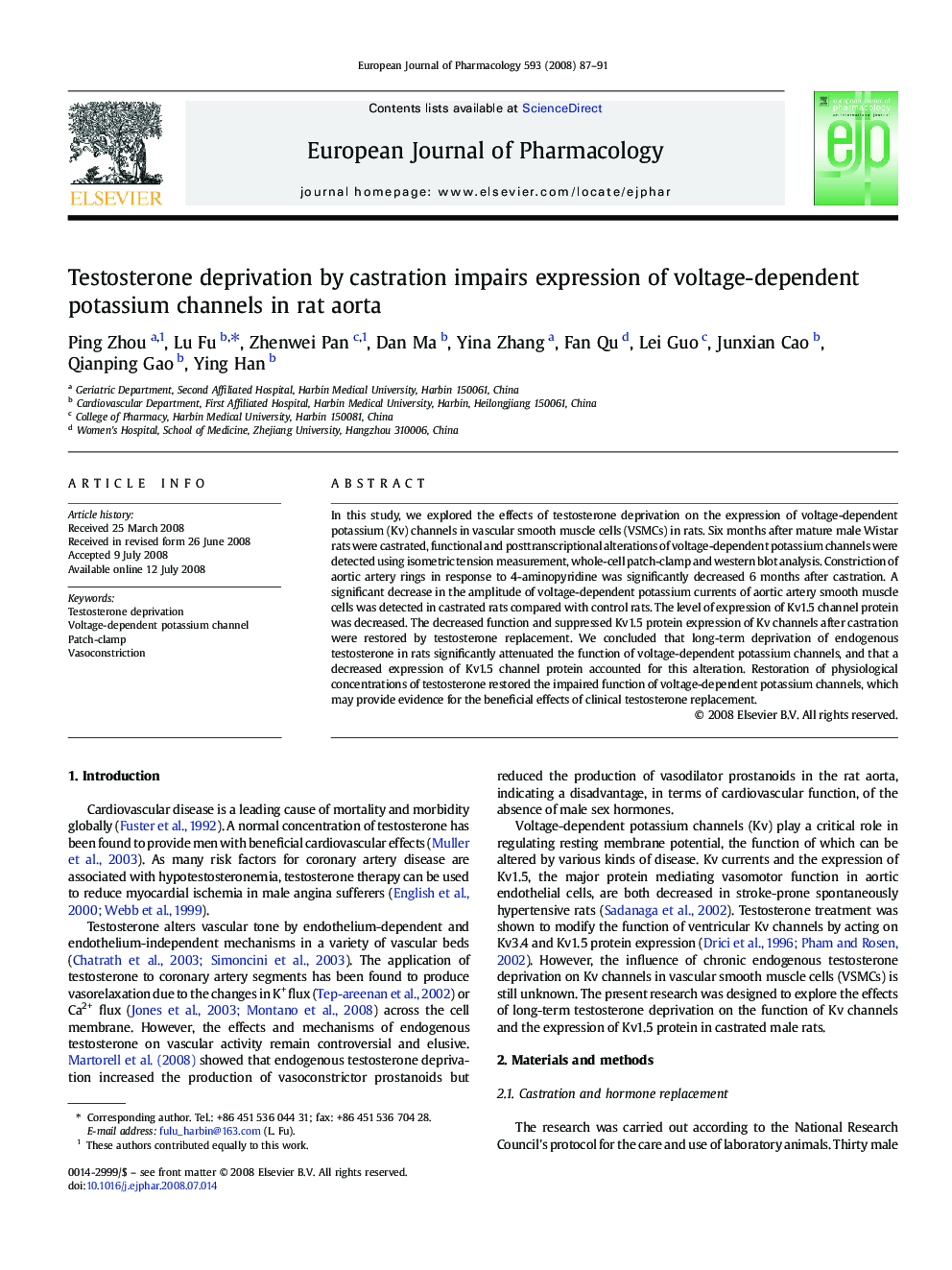 Testosterone deprivation by castration impairs expression of voltage-dependent potassium channels in rat aorta