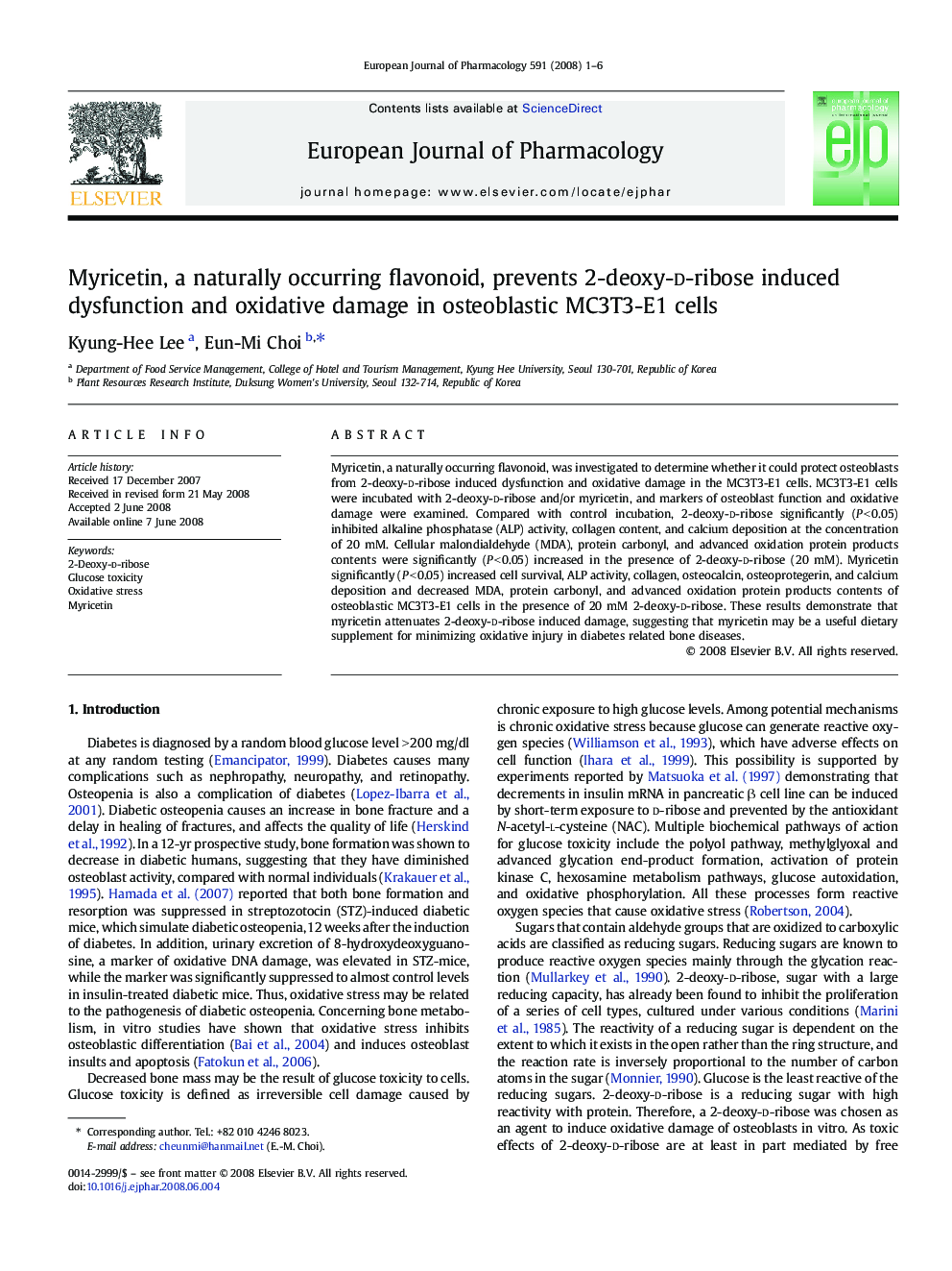 Myricetin, a naturally occurring flavonoid, prevents 2-deoxy-d-ribose induced dysfunction and oxidative damage in osteoblastic MC3T3-E1 cells