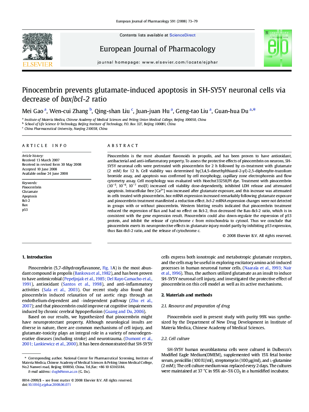 Pinocembrin prevents glutamate-induced apoptosis in SH-SY5Y neuronal cells via decrease of bax/bcl-2 ratio