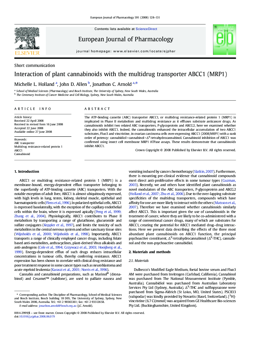 Interaction of plant cannabinoids with the multidrug transporter ABCC1 (MRP1)