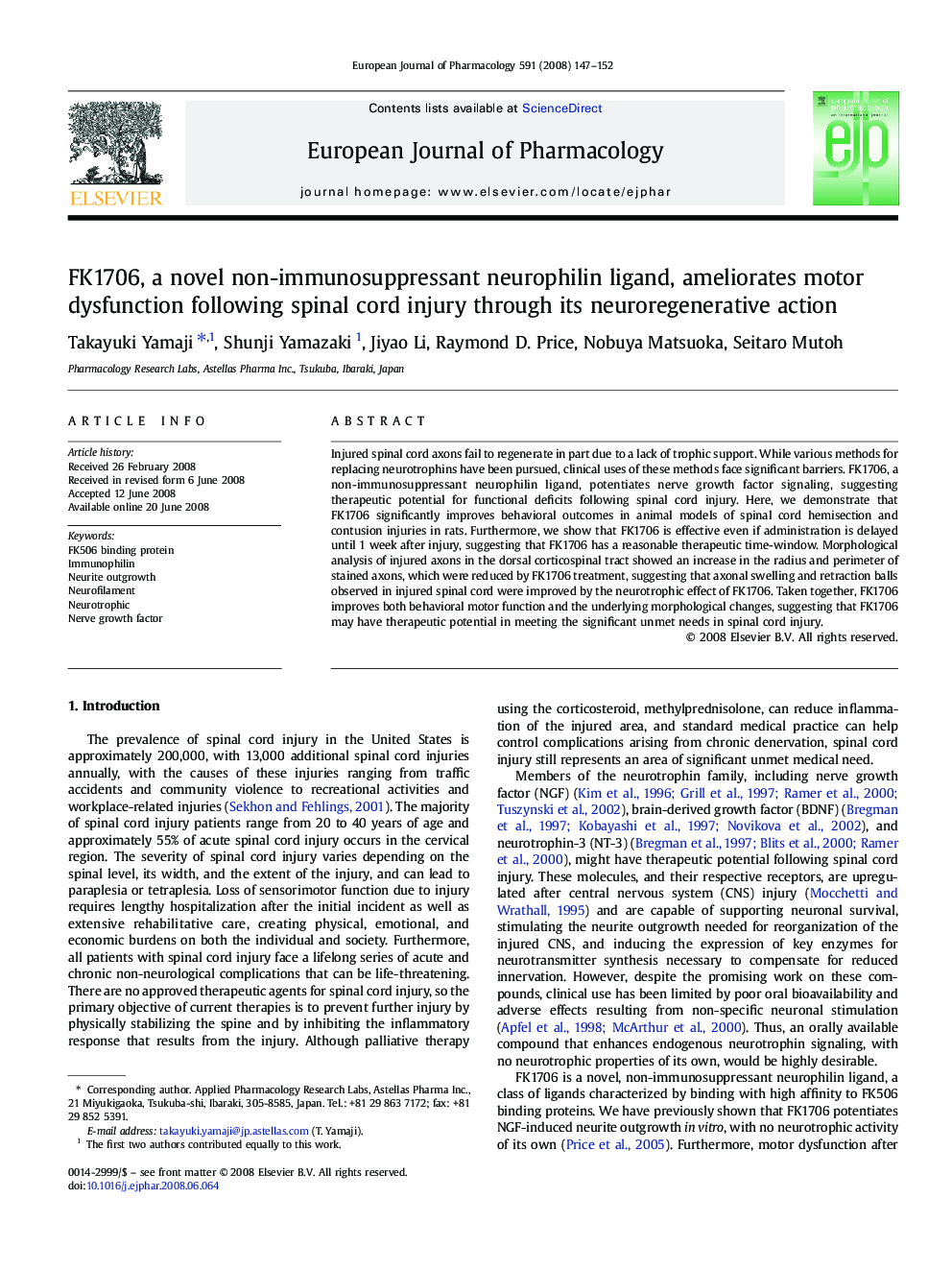 FK1706, a novel non-immunosuppressant neurophilin ligand, ameliorates motor dysfunction following spinal cord injury through its neuroregenerative action