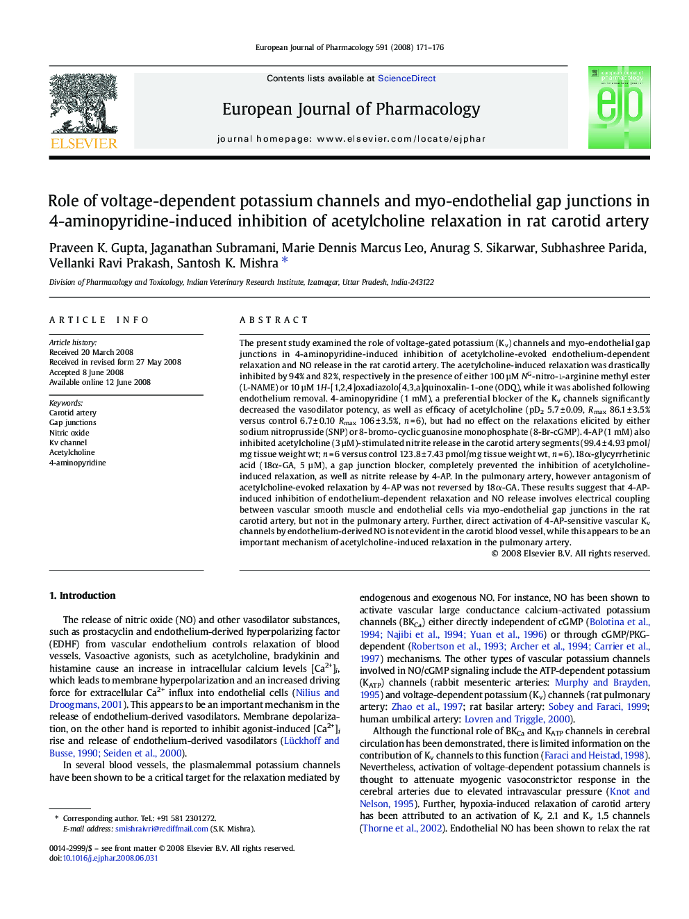 Role of voltage-dependent potassium channels and myo-endothelial gap junctions in 4-aminopyridine-induced inhibition of acetylcholine relaxation in rat carotid artery