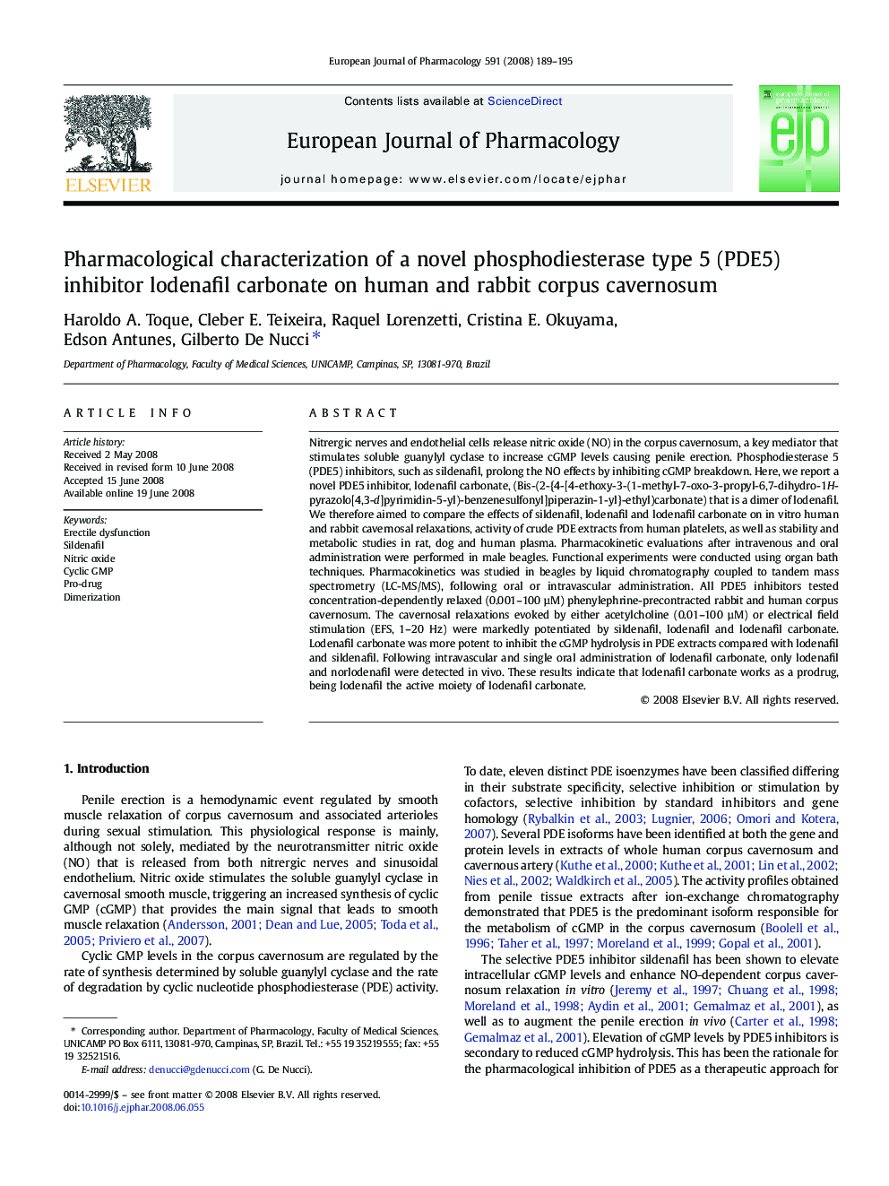 Pharmacological characterization of a novel phosphodiesterase type 5 (PDE5) inhibitor lodenafil carbonate on human and rabbit corpus cavernosum