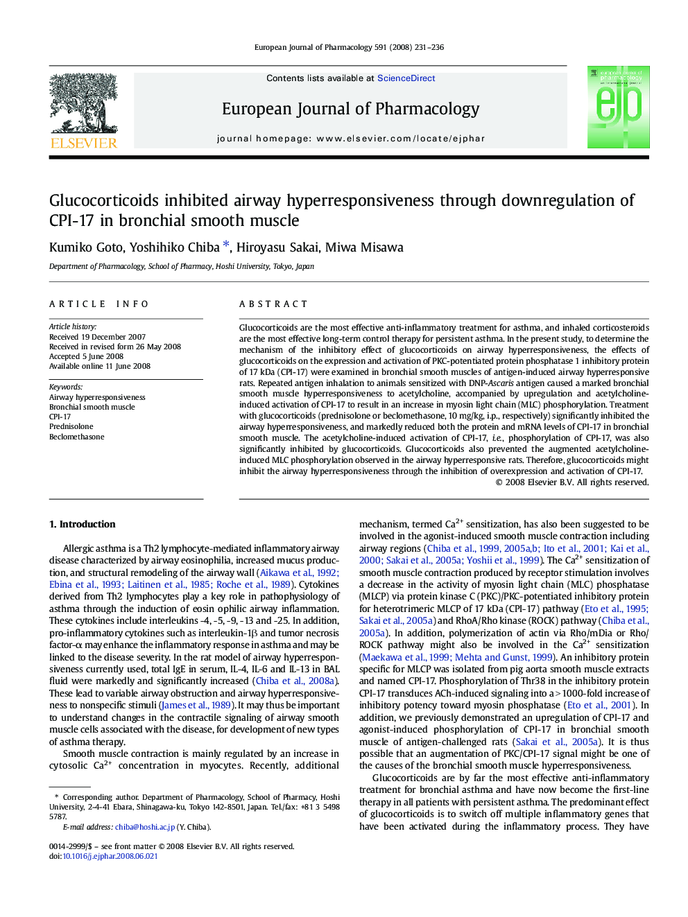 Glucocorticoids inhibited airway hyperresponsiveness through downregulation of CPI-17 in bronchial smooth muscle