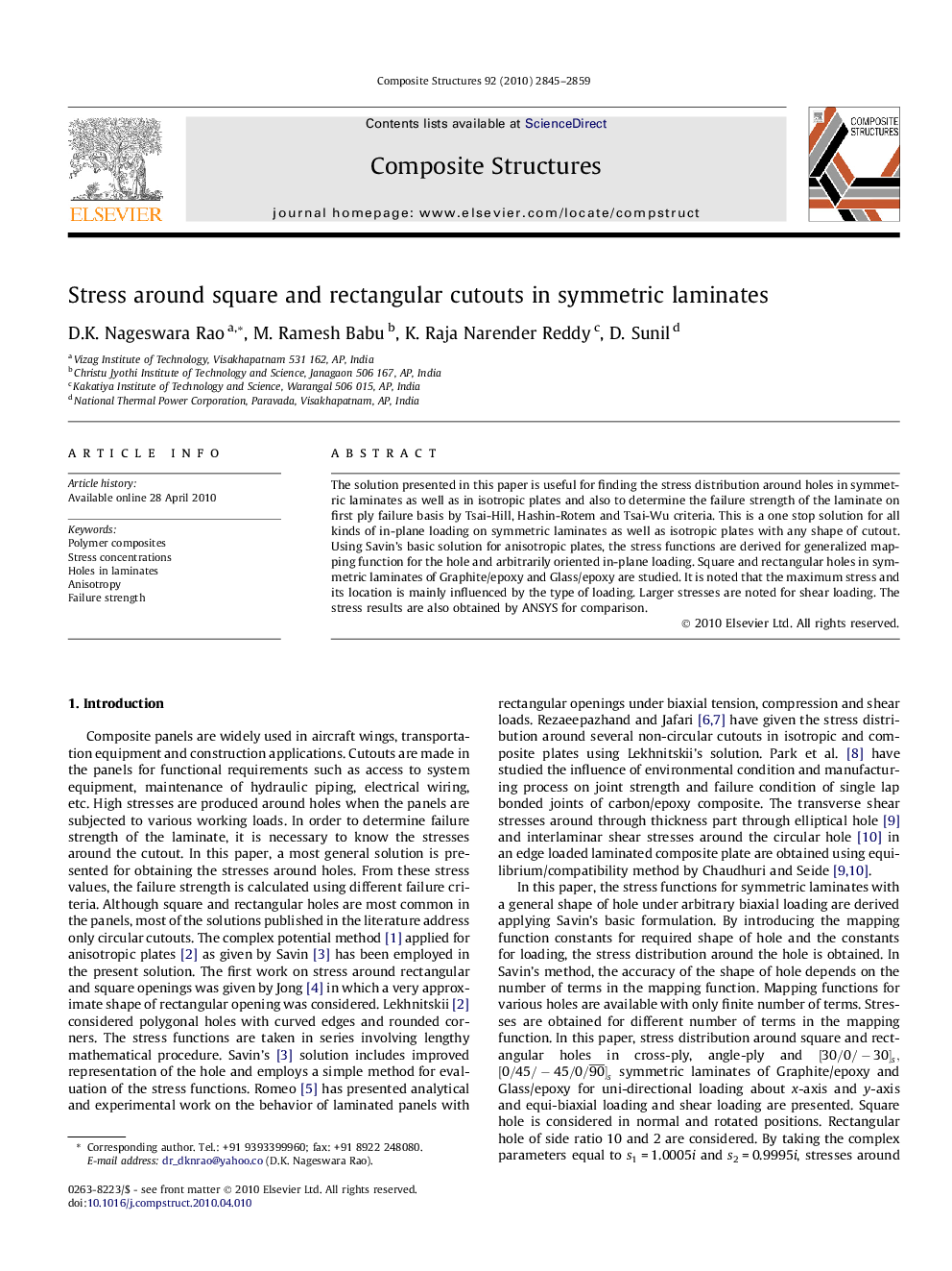 Stress around square and rectangular cutouts in symmetric laminates