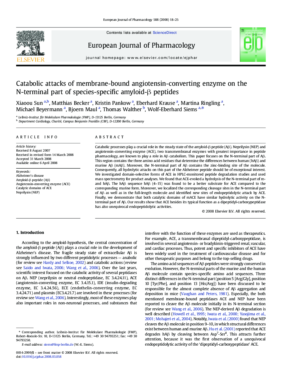 Catabolic attacks of membrane-bound angiotensin-converting enzyme on the N-terminal part of species-specific amyloid-β peptides