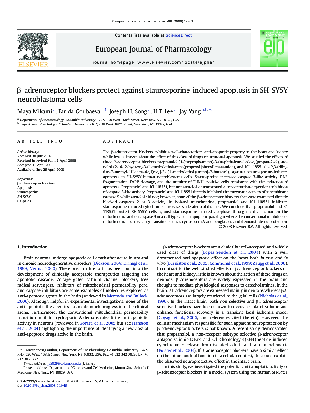 β-adrenoceptor blockers protect against staurosporine-induced apoptosis in SH-SY5Y neuroblastoma cells