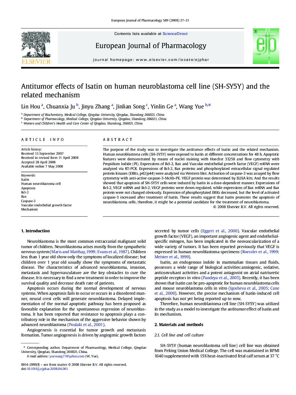 Antitumor effects of Isatin on human neuroblastoma cell line (SH-SY5Y) and the related mechanism