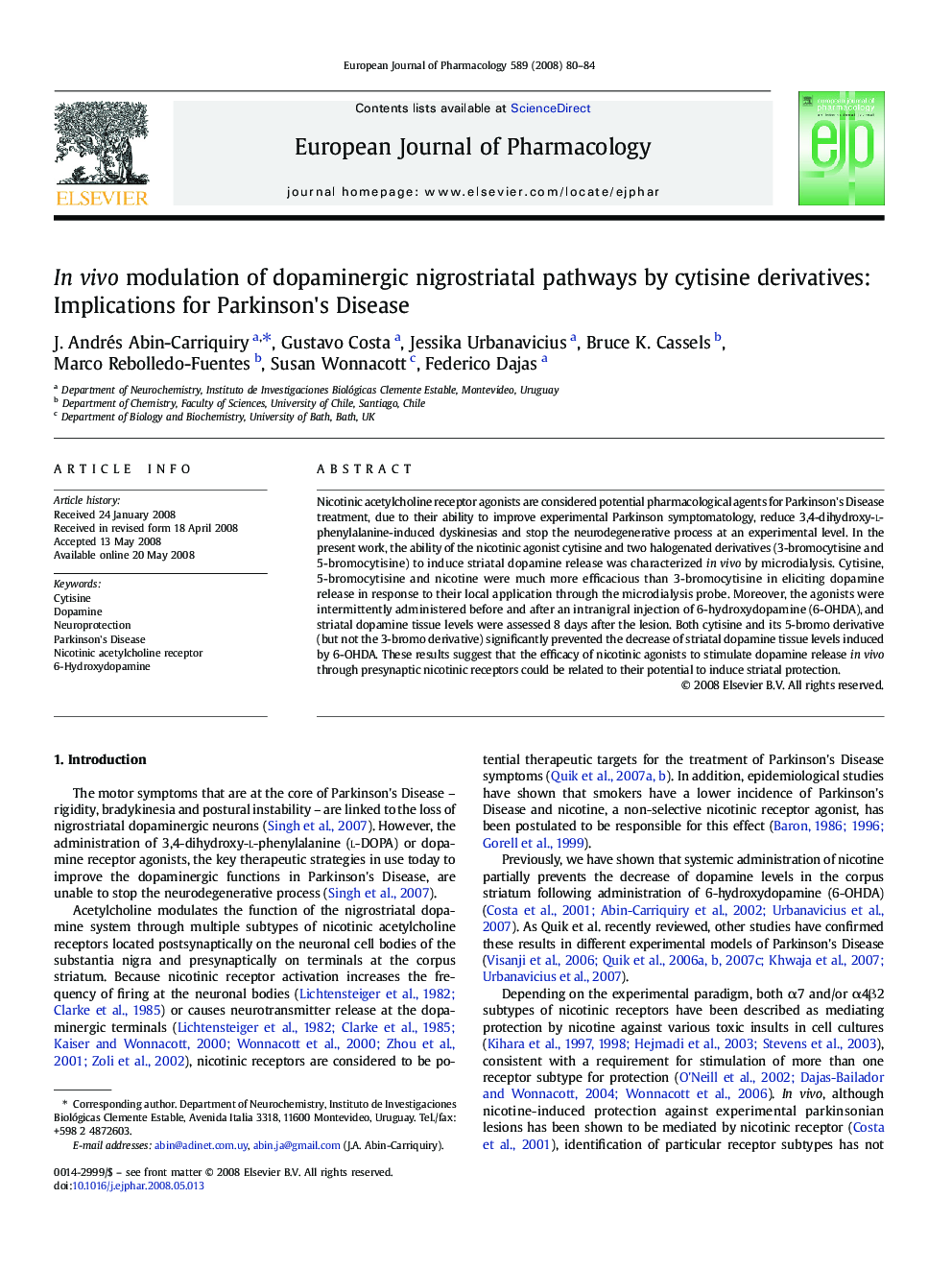 In vivo modulation of dopaminergic nigrostriatal pathways by cytisine derivatives: Implications for Parkinson's Disease