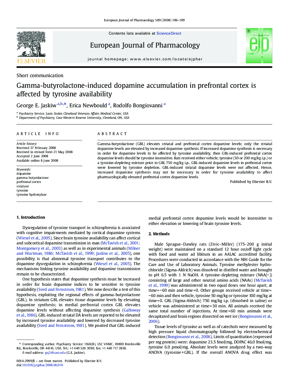 Gamma-butyrolactone-induced dopamine accumulation in prefrontal cortex is affected by tyrosine availability