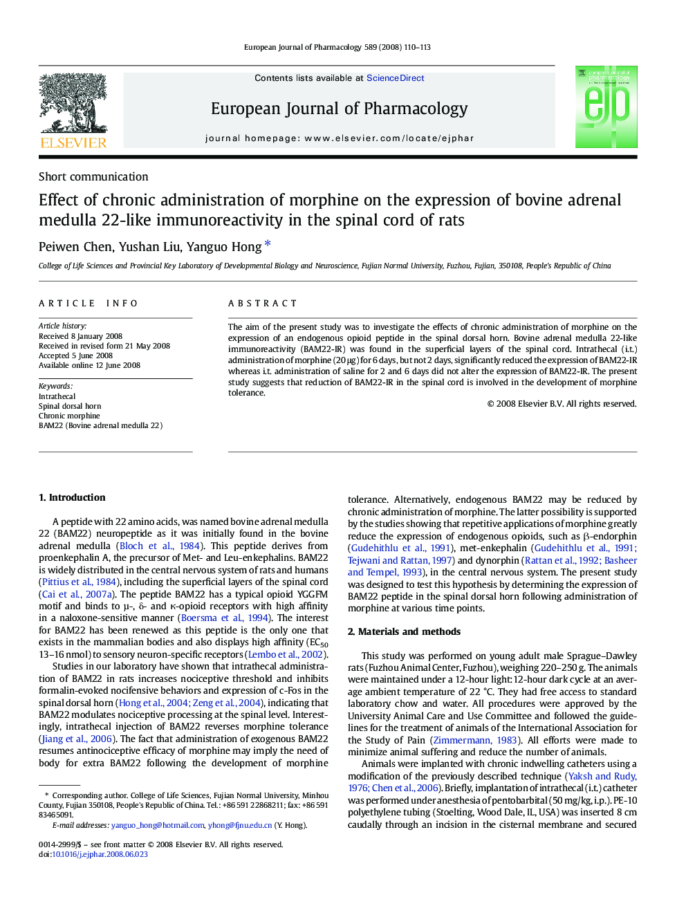 Effect of chronic administration of morphine on the expression of bovine adrenal medulla 22-like immunoreactivity in the spinal cord of rats