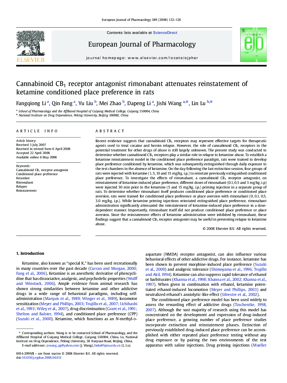Cannabinoid CB1 receptor antagonist rimonabant attenuates reinstatement of ketamine conditioned place preference in rats