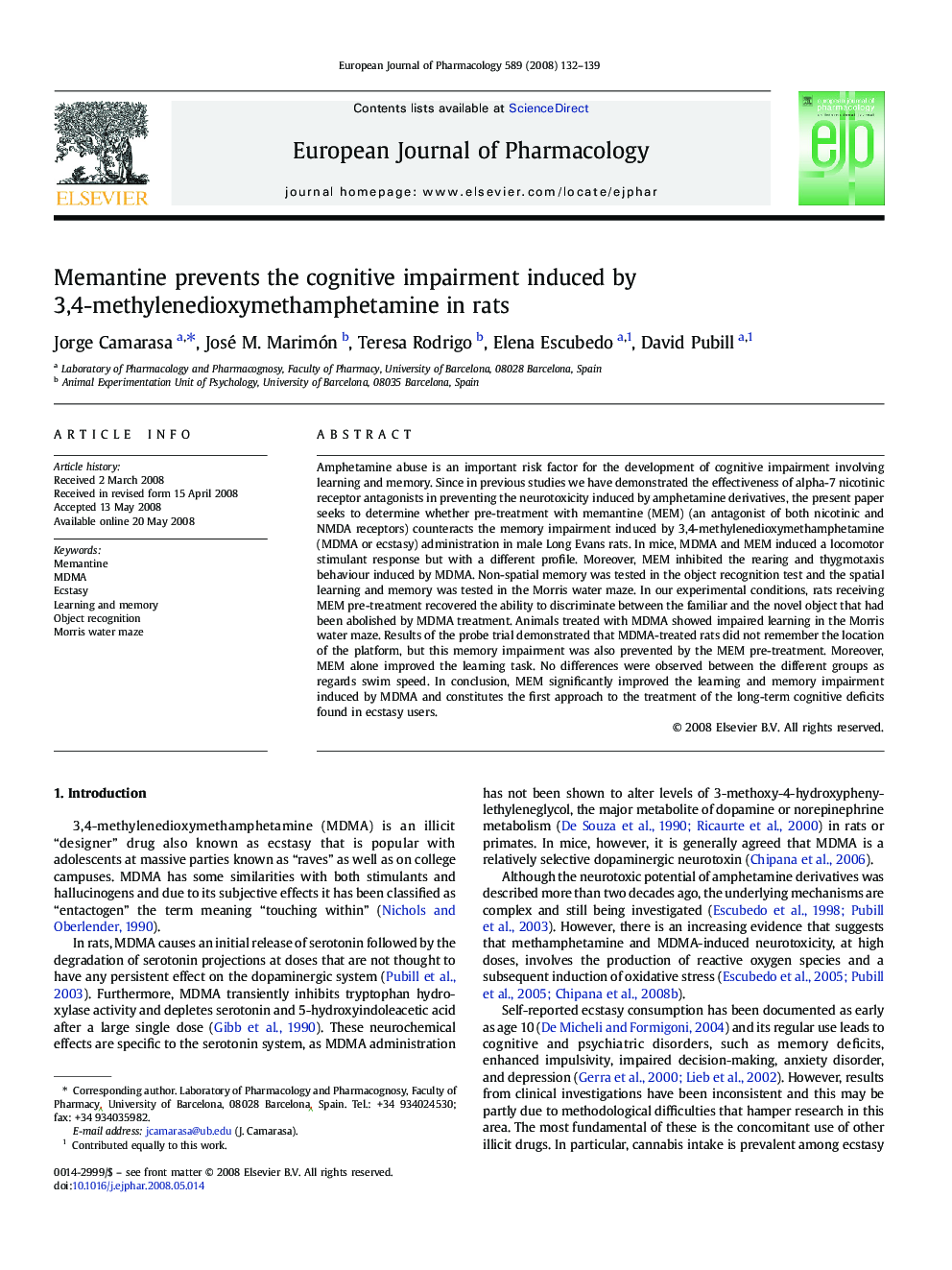 Memantine prevents the cognitive impairment induced by 3,4-methylenedioxymethamphetamine in rats