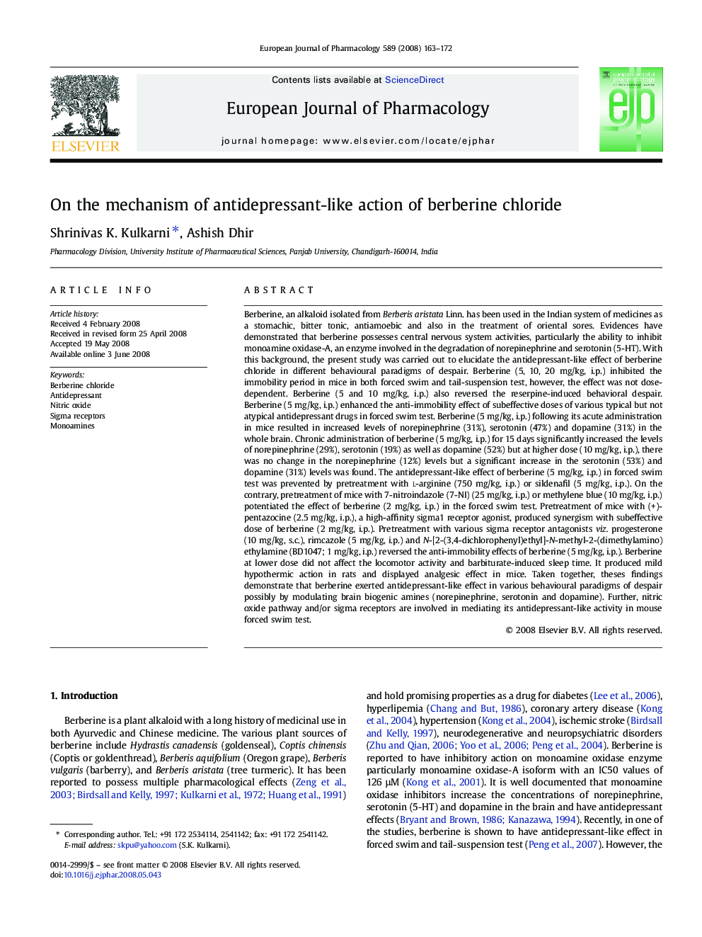 On the mechanism of antidepressant-like action of berberine chloride