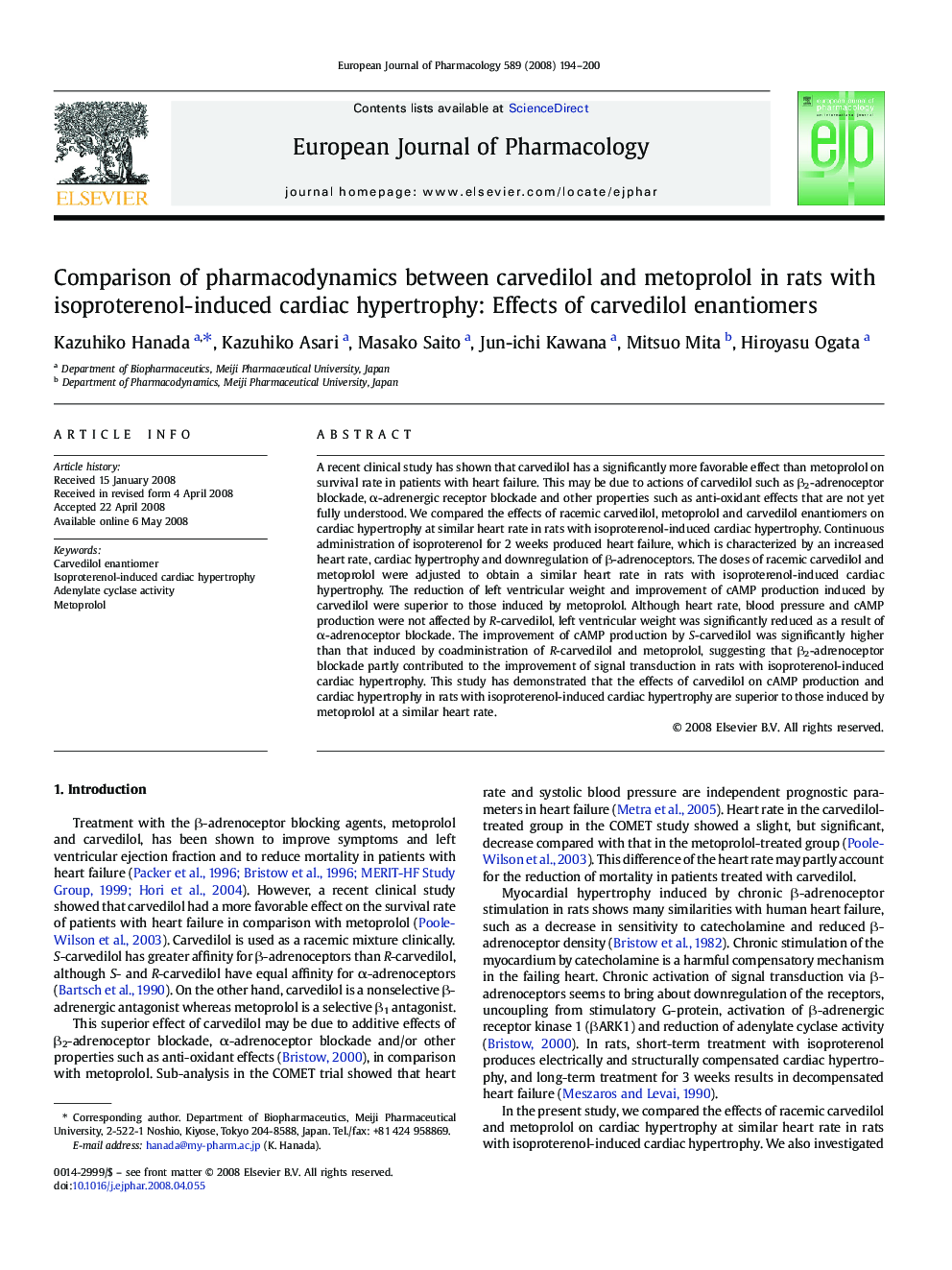 Comparison of pharmacodynamics between carvedilol and metoprolol in rats with isoproterenol-induced cardiac hypertrophy: Effects of carvedilol enantiomers