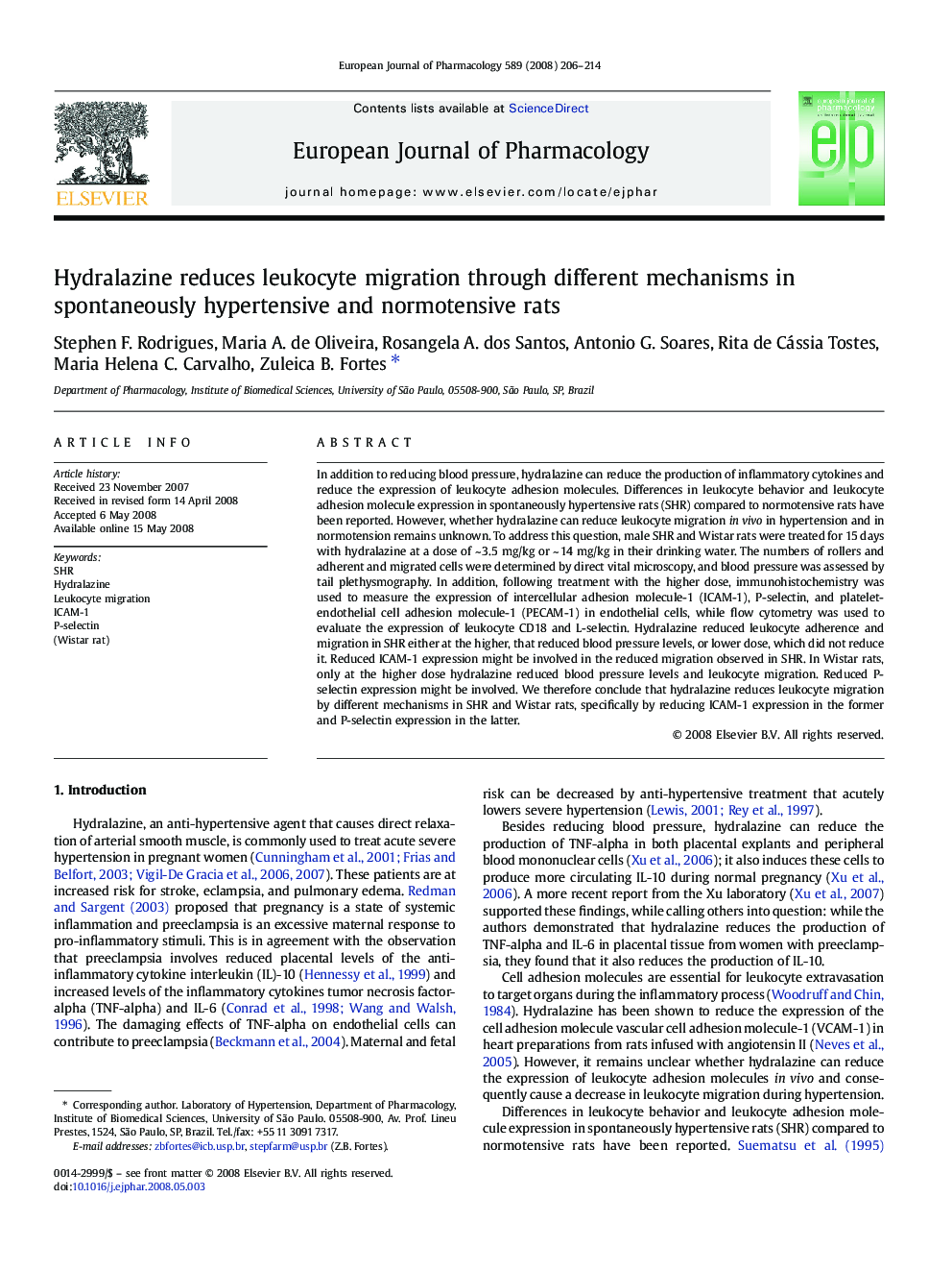 Hydralazine reduces leukocyte migration through different mechanisms in spontaneously hypertensive and normotensive rats