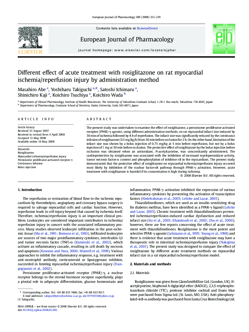 Different effect of acute treatment with rosiglitazone on rat myocardial ischemia/reperfusion injury by administration method