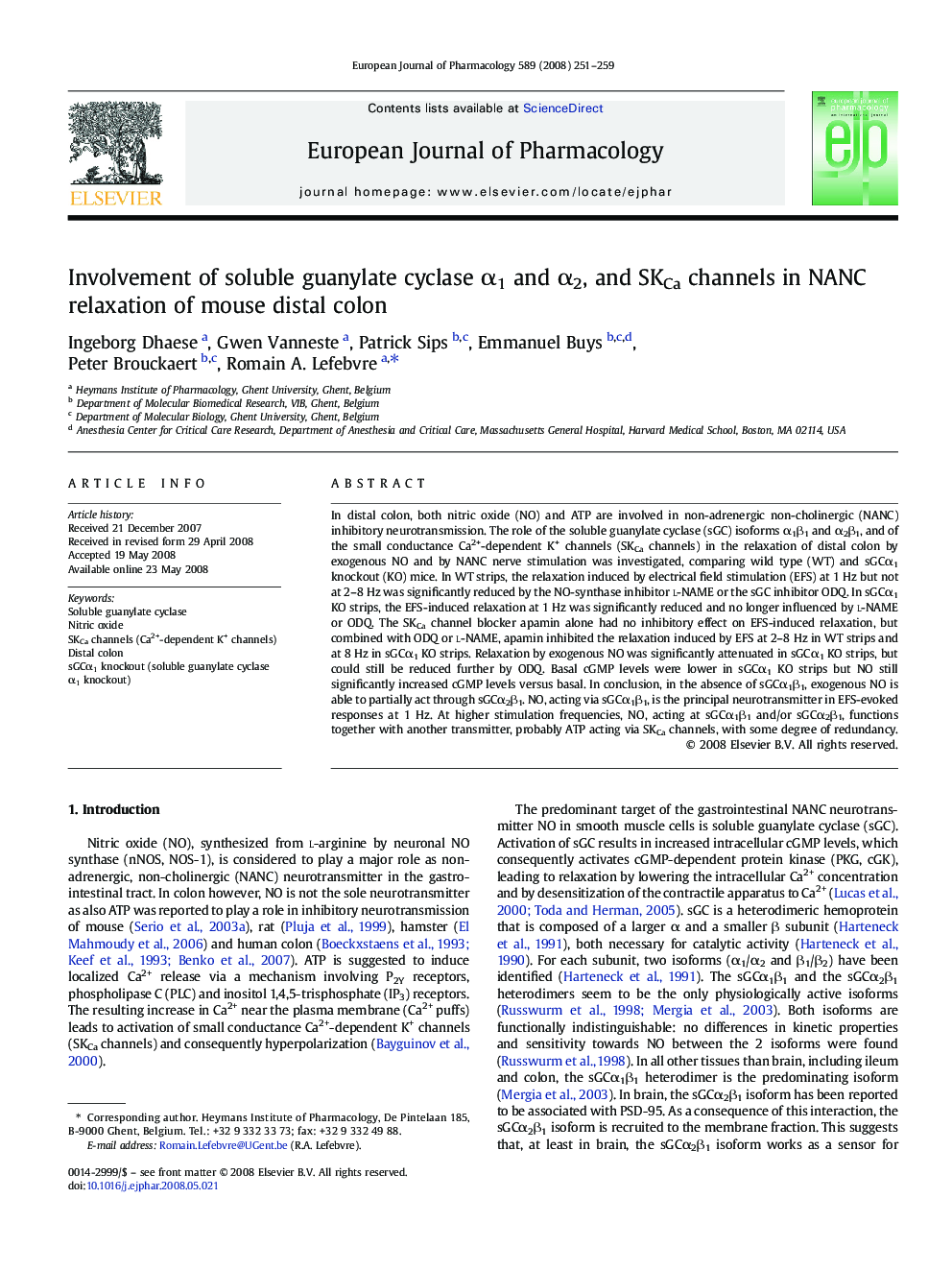 Involvement of soluble guanylate cyclase α1 and α2, and SKCa channels in NANC relaxation of mouse distal colon