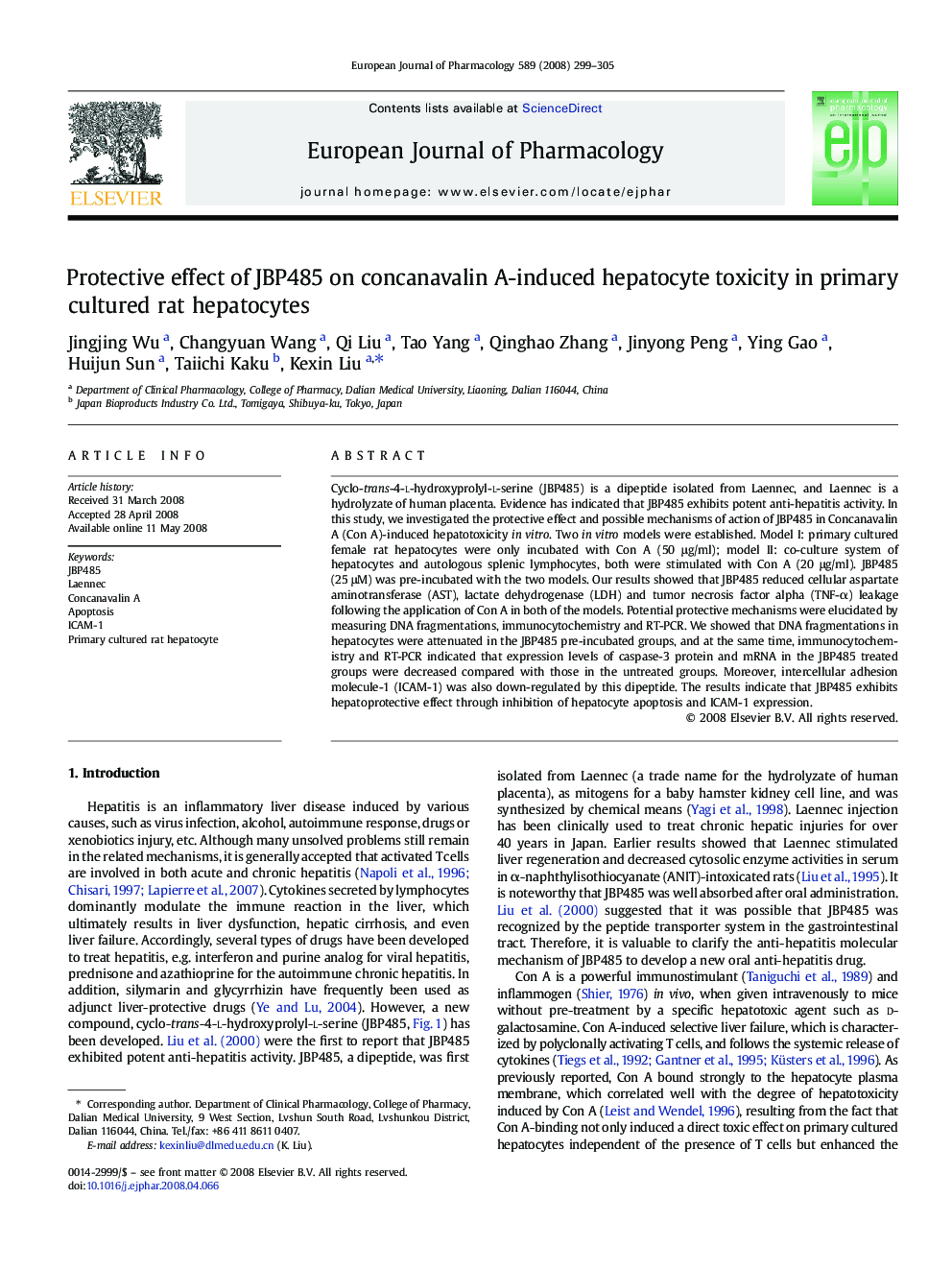 Protective effect of JBP485 on concanavalin A-induced hepatocyte toxicity in primary cultured rat hepatocytes