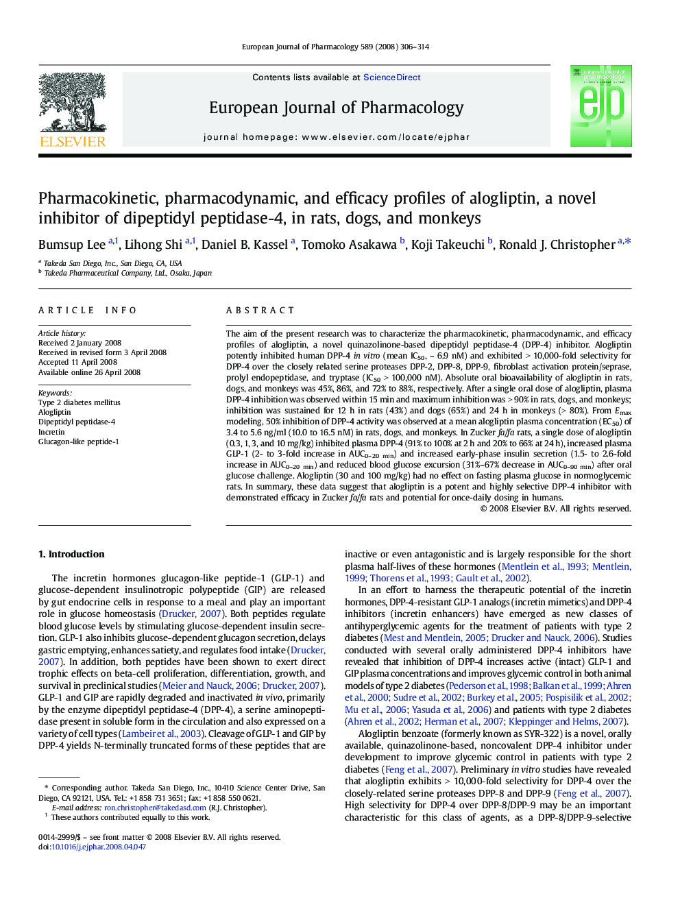 Pharmacokinetic, pharmacodynamic, and efficacy profiles of alogliptin, a novel inhibitor of dipeptidyl peptidase-4, in rats, dogs, and monkeys