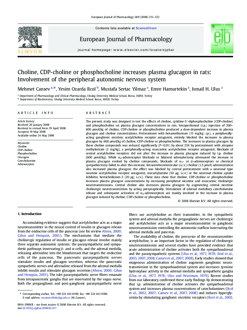 Choline, CDP-choline or phosphocholine increases plasma glucagon in rats: Involvement of the peripheral autonomic nervous system