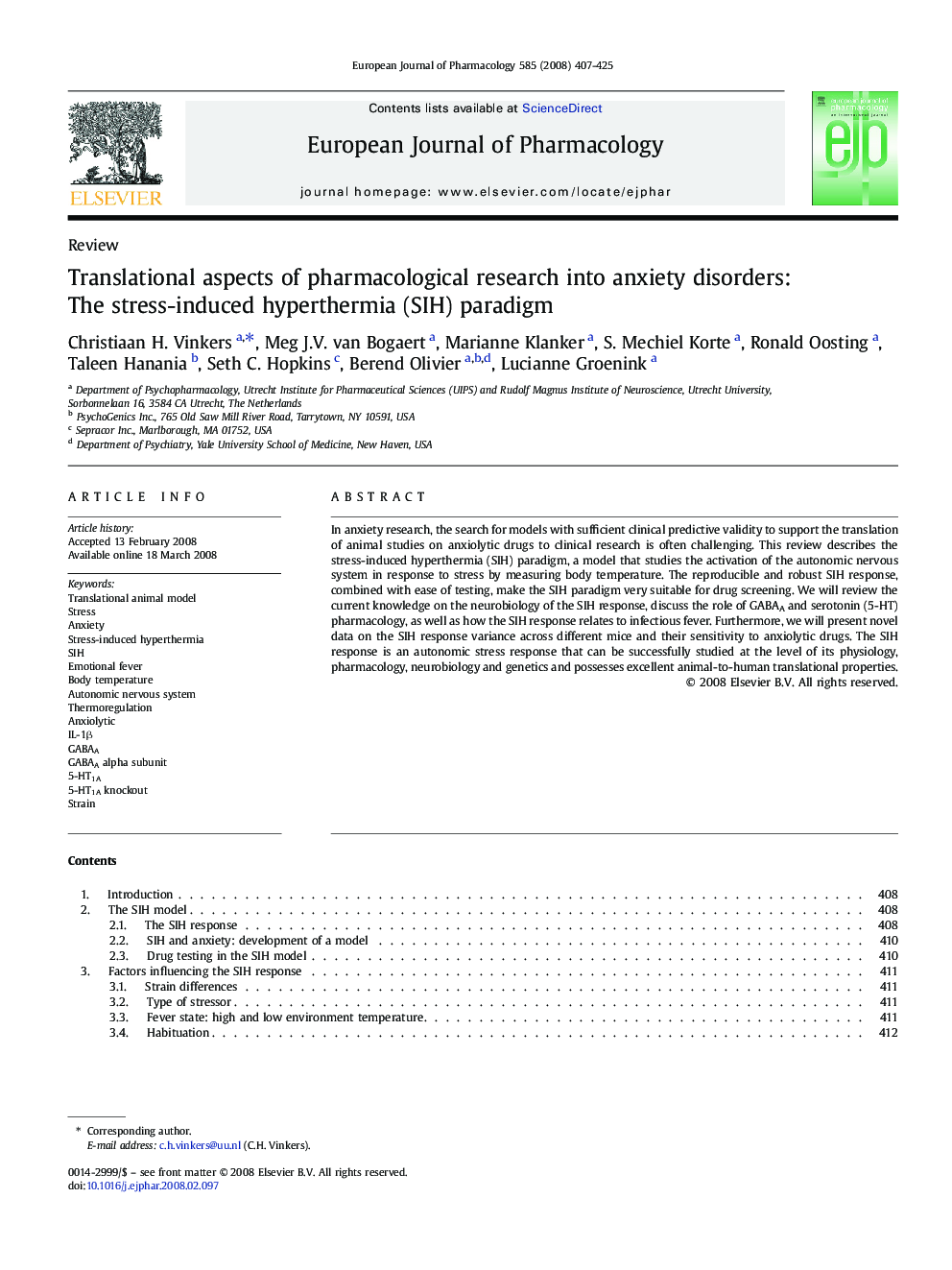 Translational aspects of pharmacological research into anxiety disorders: The stress-induced hyperthermia (SIH) paradigm