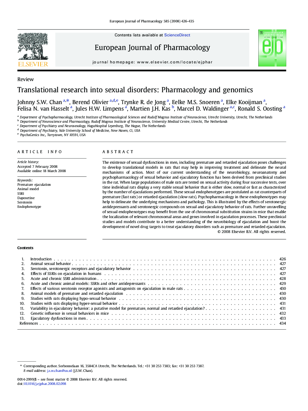 Translational research into sexual disorders: Pharmacology and genomics