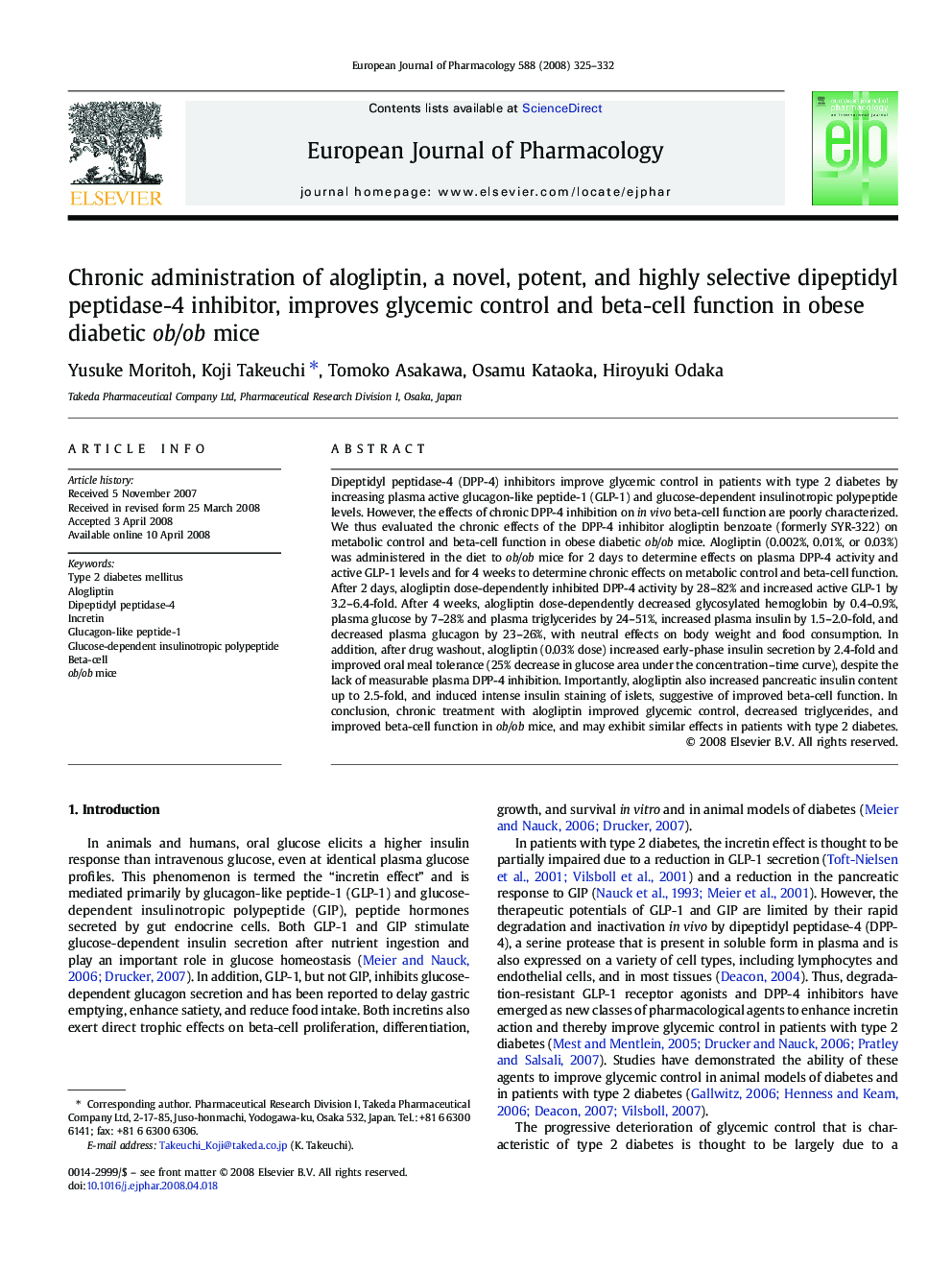 Chronic administration of alogliptin, a novel, potent, and highly selective dipeptidyl peptidase-4 inhibitor, improves glycemic control and beta-cell function in obese diabetic ob/ob mice