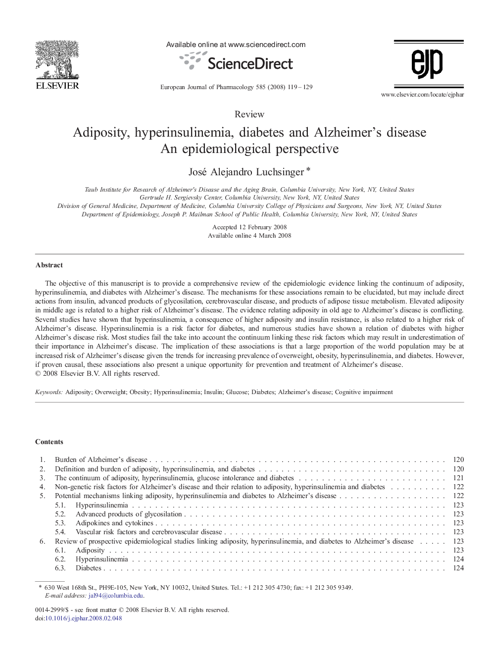 Adiposity, hyperinsulinemia, diabetes and Alzheimer's disease: An epidemiological perspective