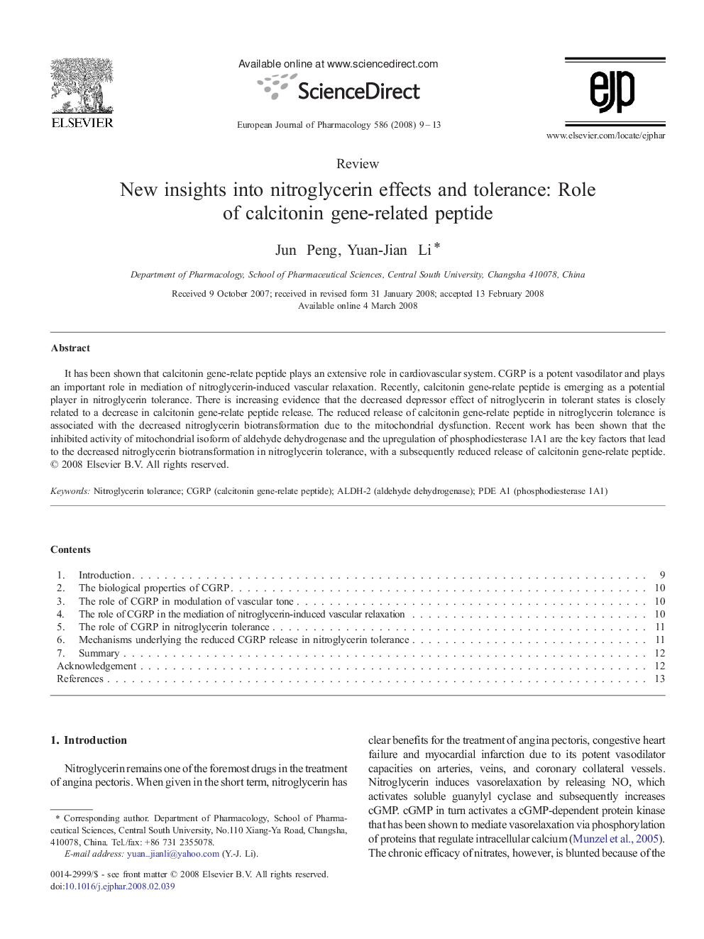 New insights into nitroglycerin effects and tolerance: Role of calcitonin gene-related peptide