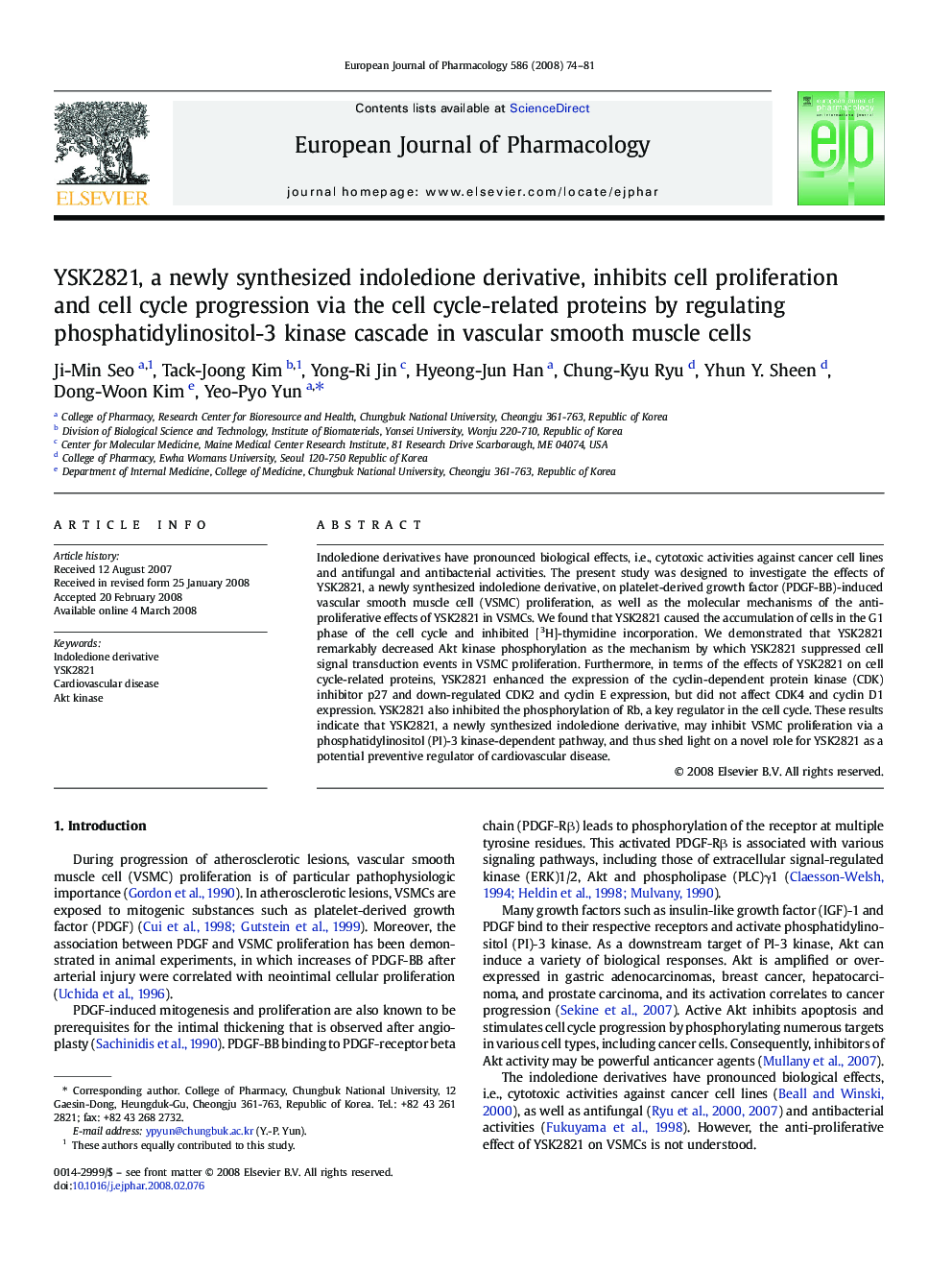 YSK2821, a newly synthesized indoledione derivative, inhibits cell proliferation and cell cycle progression via the cell cycle-related proteins by regulating phosphatidylinositol-3 kinase cascade in vascular smooth muscle cells