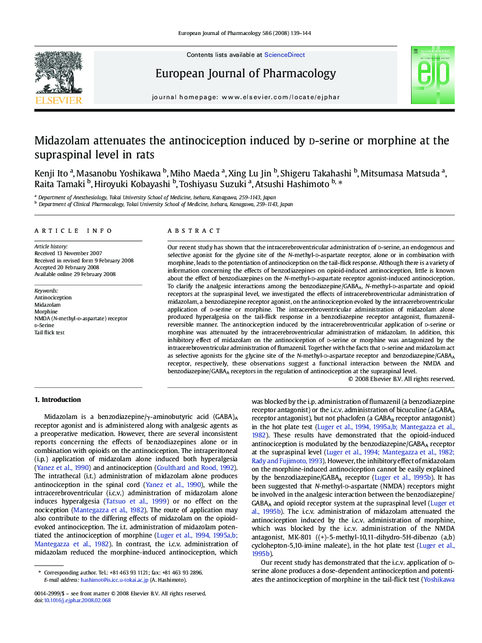 Midazolam attenuates the antinociception induced by d-serine or morphine at the supraspinal level in rats